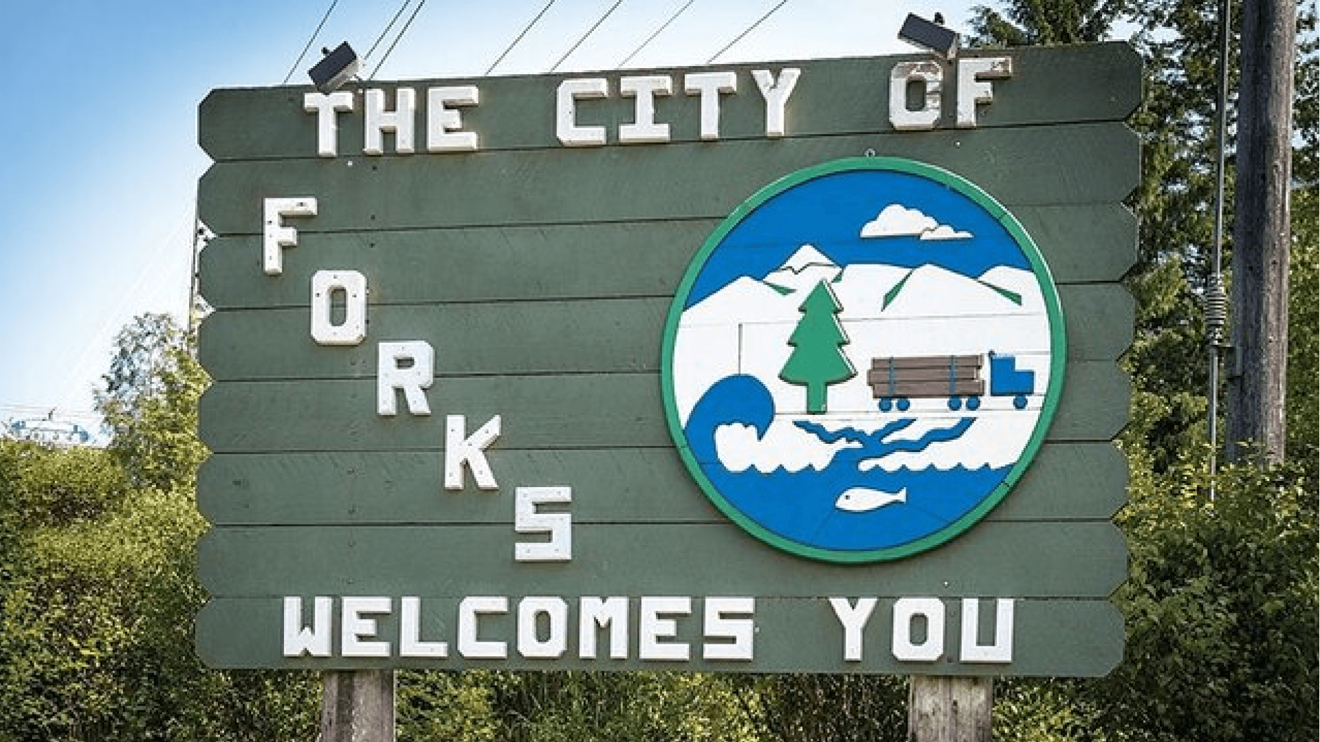 Welcome sign for Forks