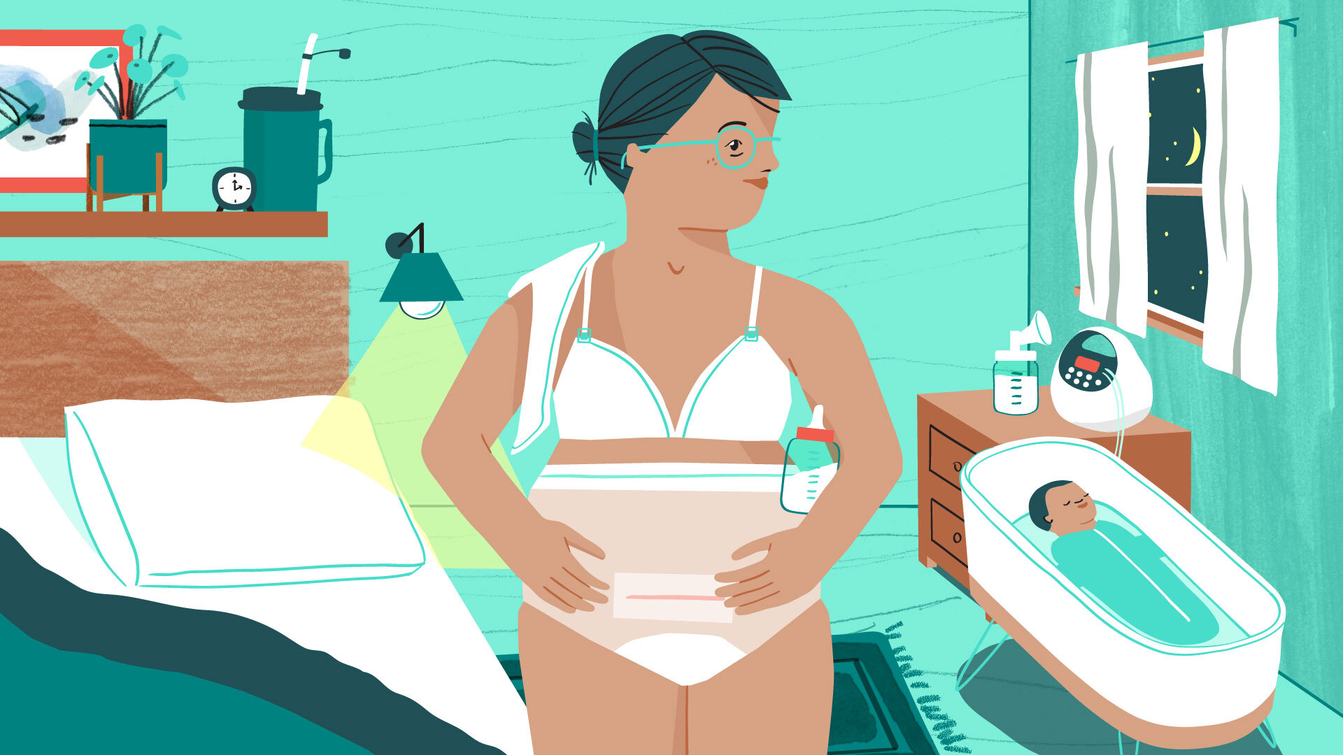 Illustration of woman with hands on her C-section scar