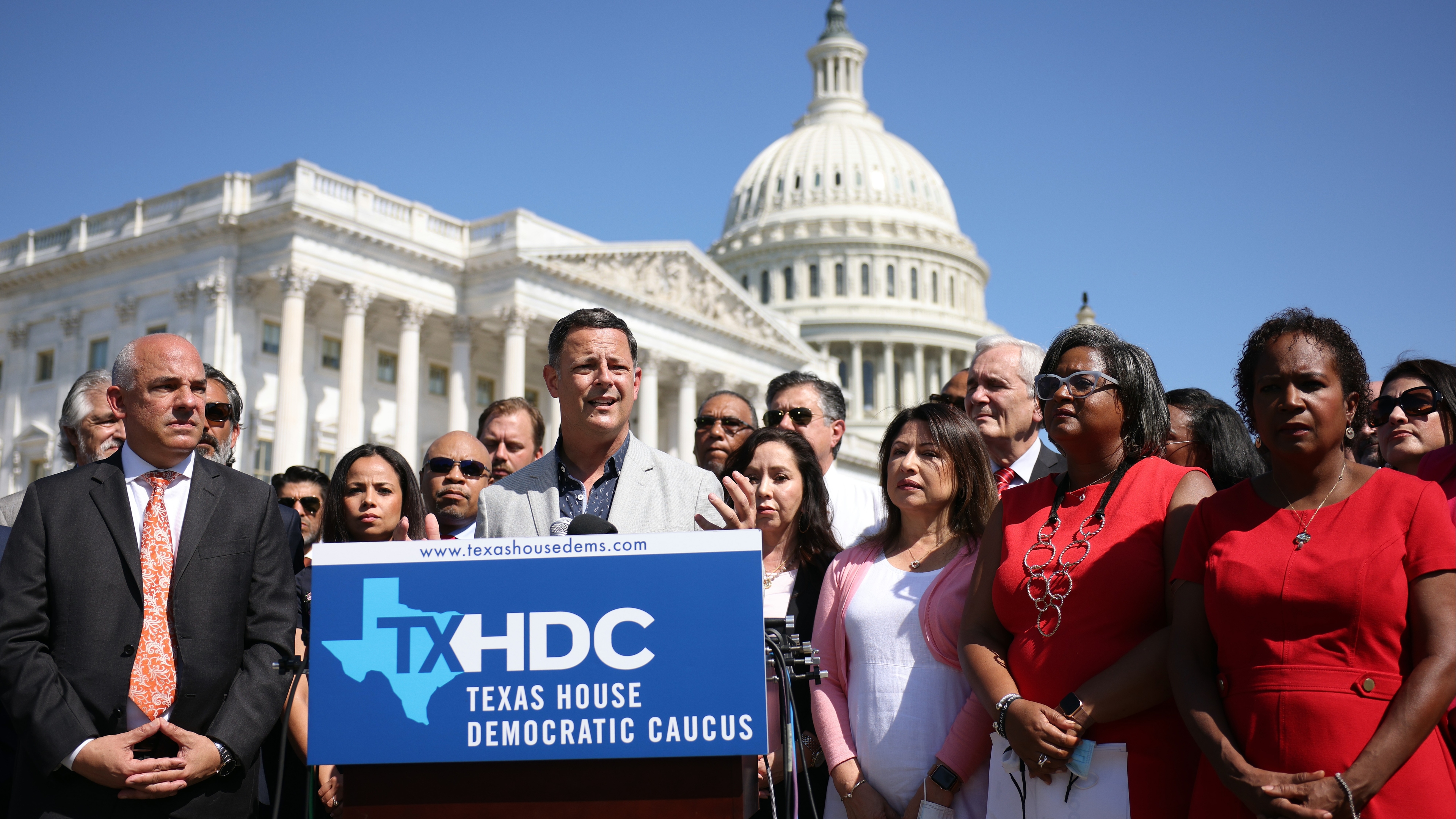 Joined by fellow Texas state House Democrats, Chairman of the Mexican American Legislative Caucus Rep. Rafael Anchia (TX-103) speaks during a news conference
