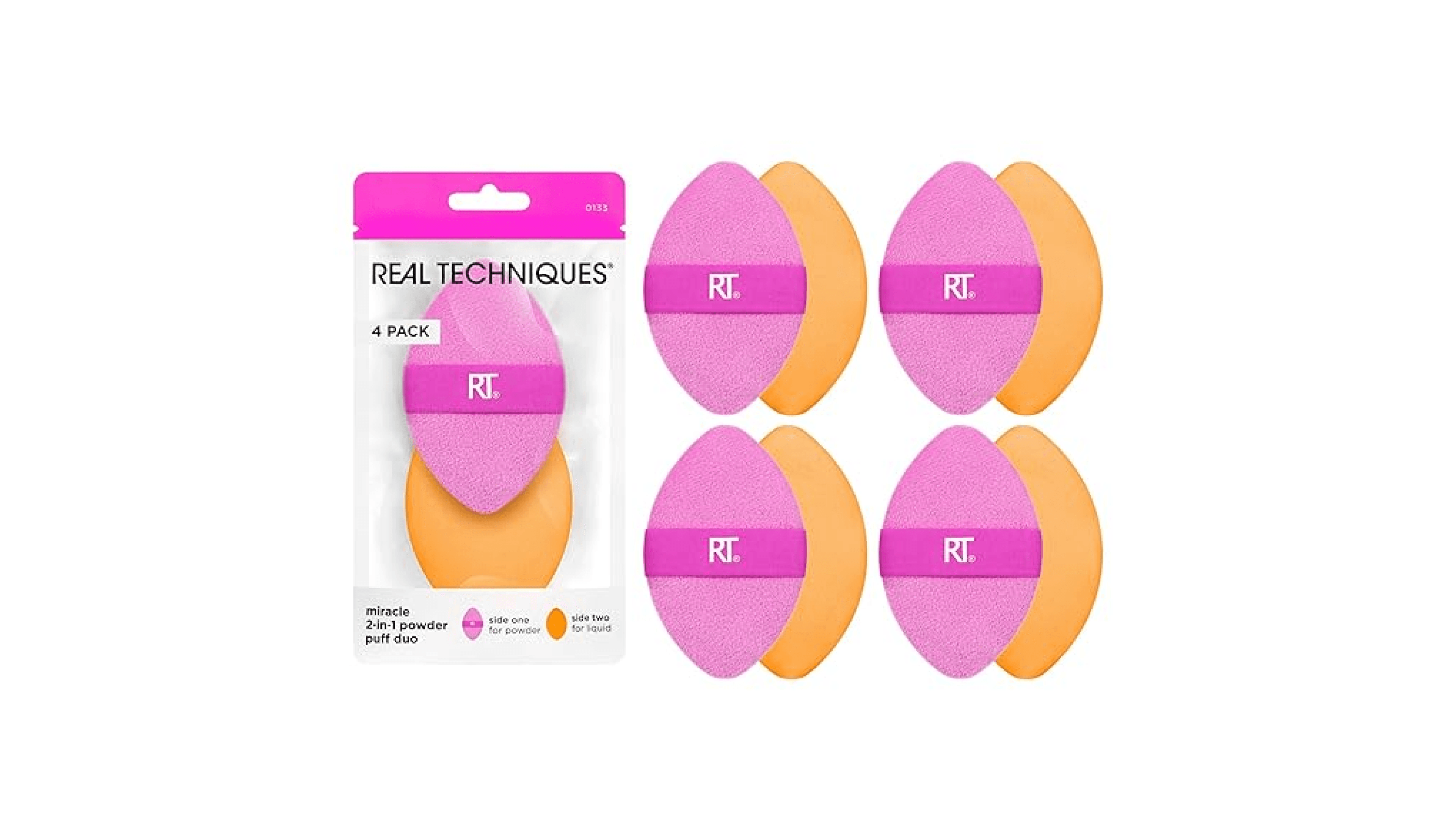 Real Techniques Miracle 2-In-1 Powder Puff 4 Pack, Dual-Sided, Full Size Makeup Blending Puff, Reversible Elastic Band, Makeup Sponge & Powder Puff, For Liquid, Cream & Powder Products, Cruelty-Free