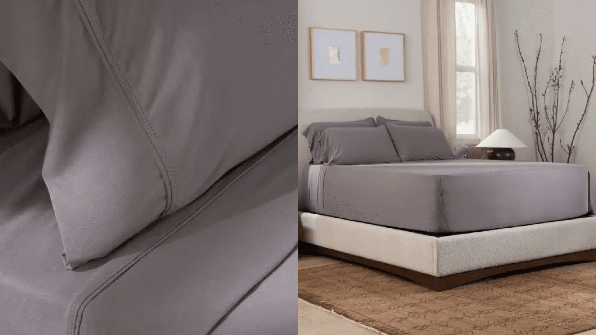 Close-up of gray pillowcase; bed made in gray sheets