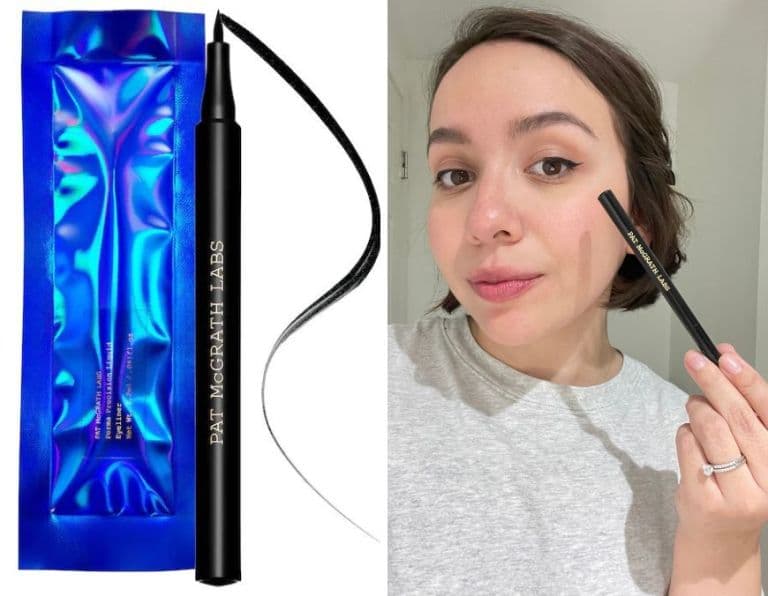 pat mcgrath liquid eyeliner on one side and alexa wearing the eyeliner on the other