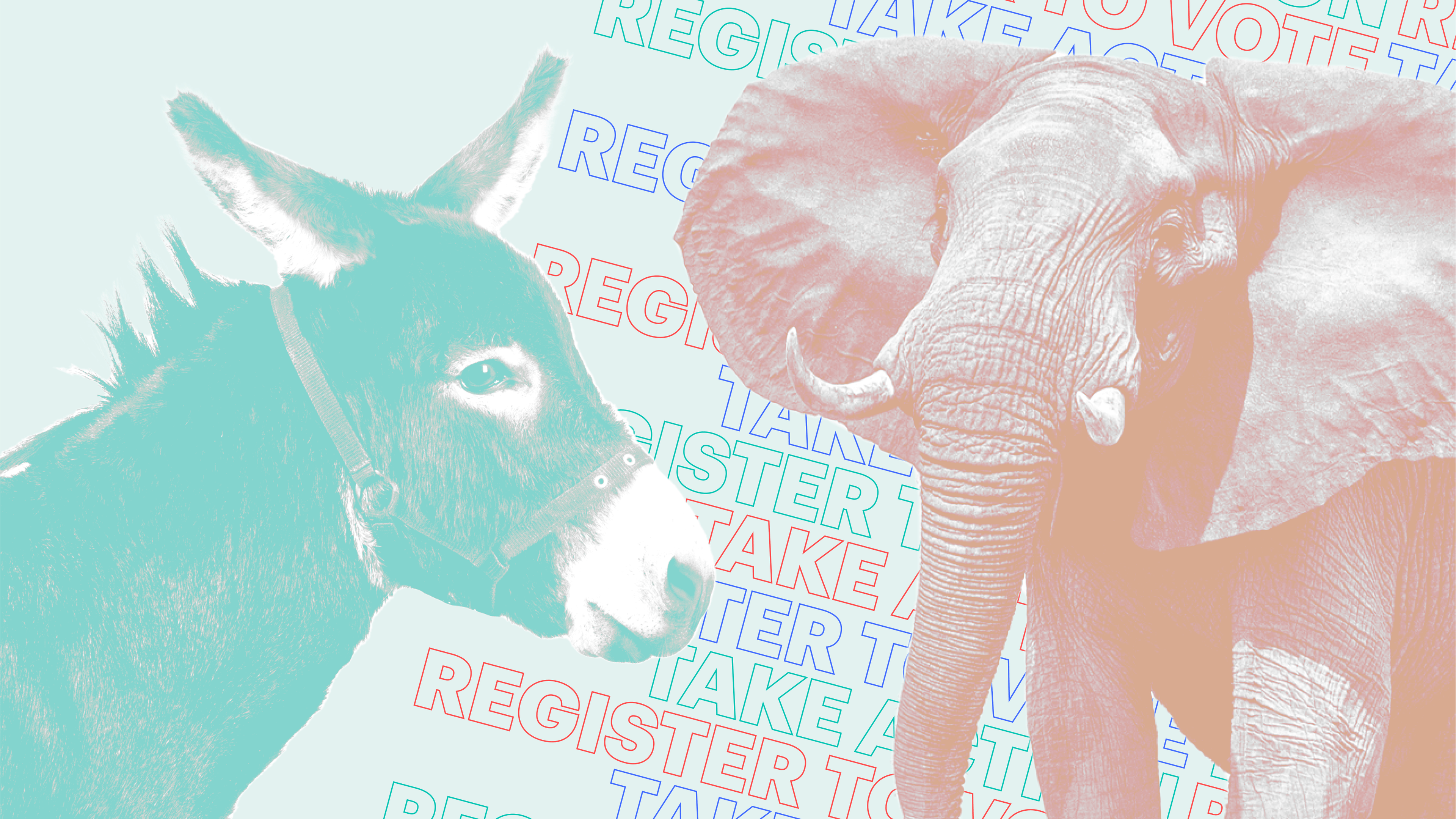 Donkey and Elephant on top of reminder to register to vote