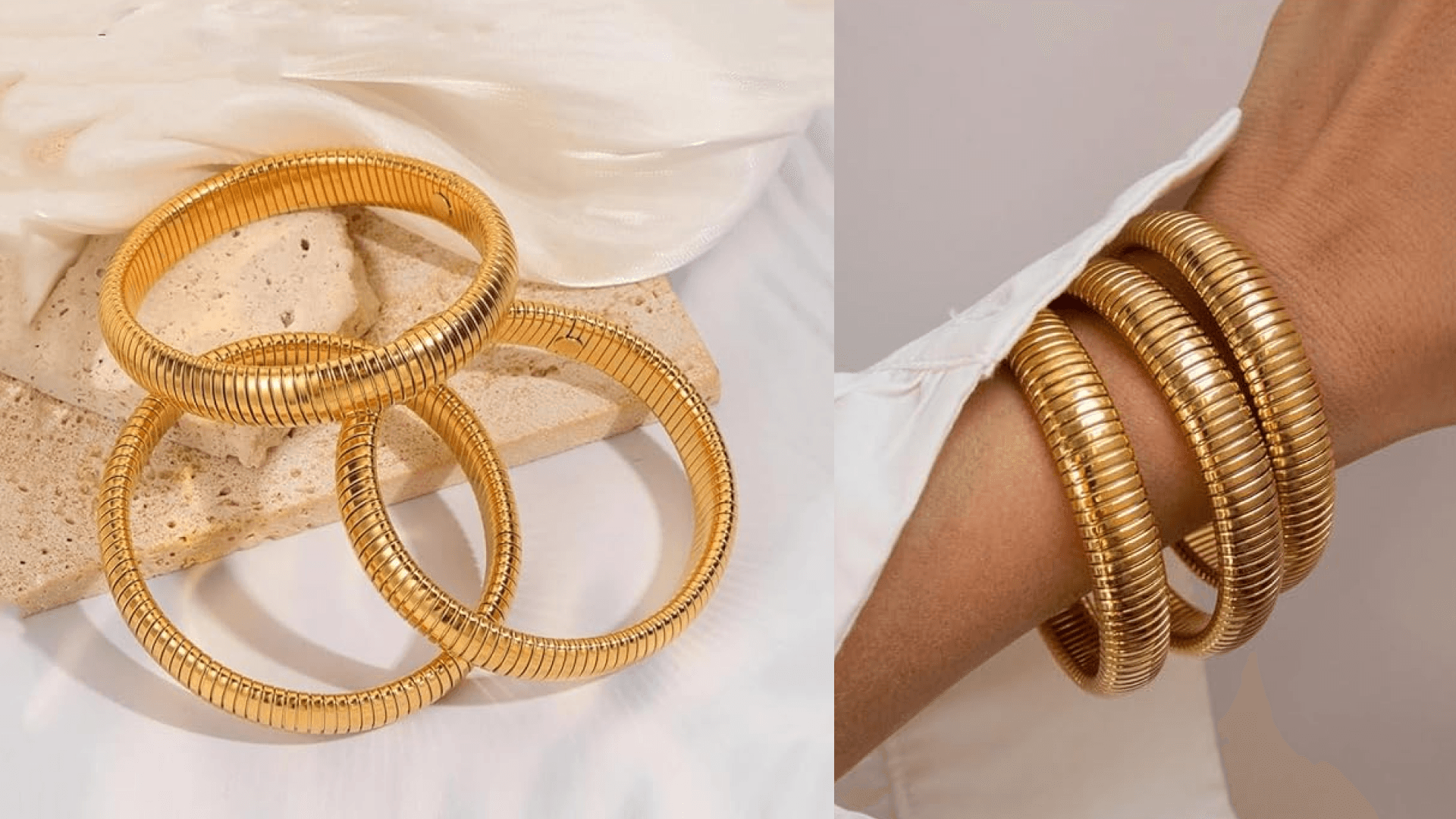 JUNYANGY Gold Bracelets for Women Set of 3 Gold Chunky Stretch Bangles Bracelets 24K Gold Plated Stainless Steel Bracelets Flexible Wide Stack Bracelets Designer Look Alike Jewelry for Women