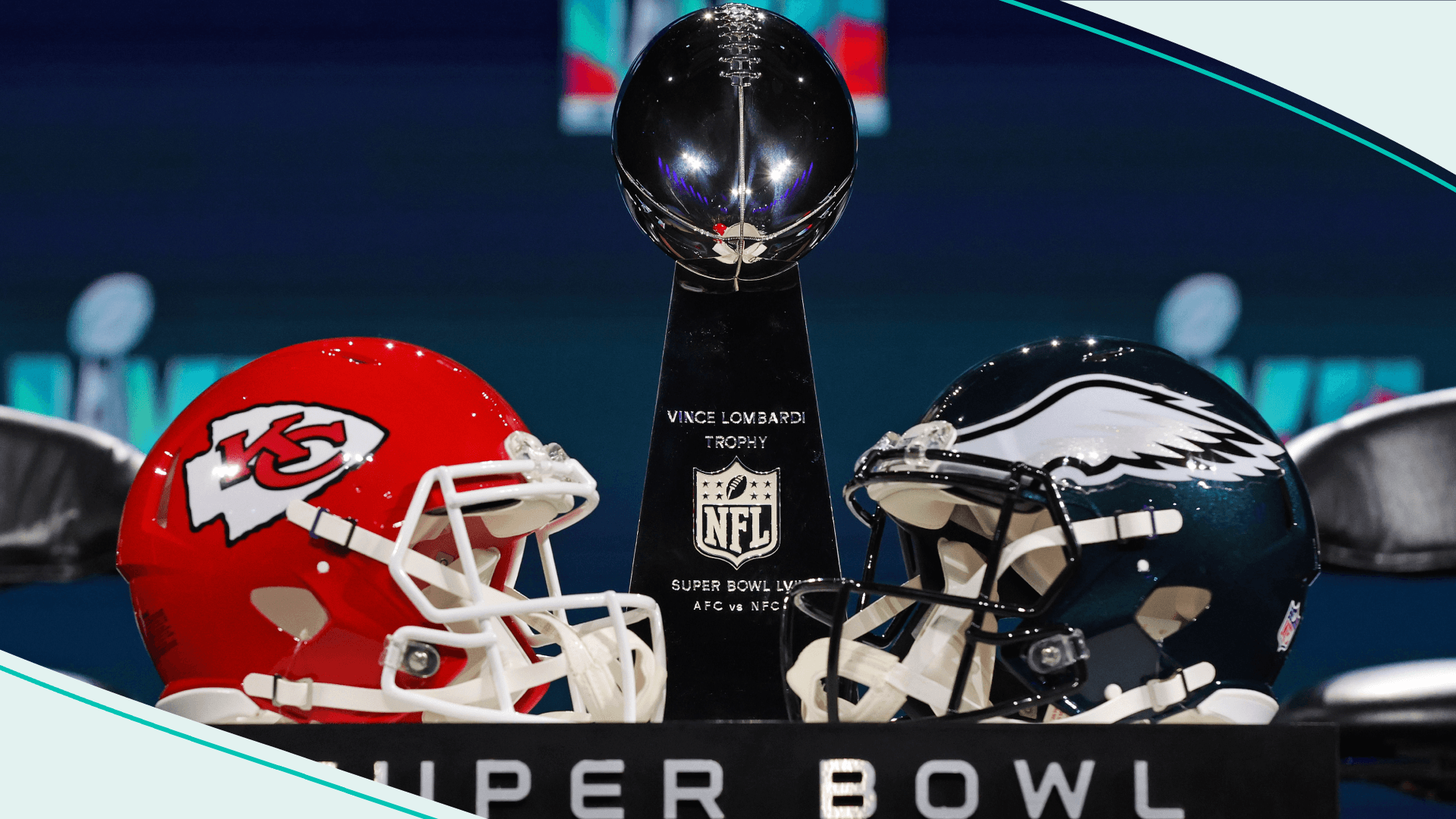 Football helmets for the Chiefs and Eagles