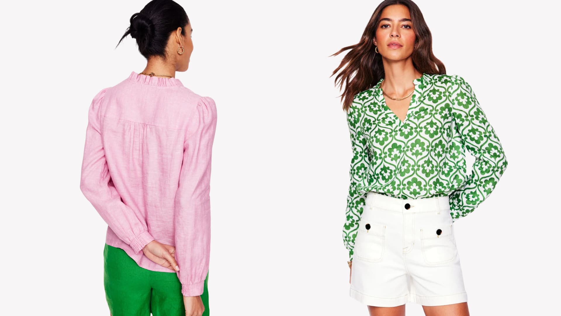 A patterned blouse with a frilled neck detail