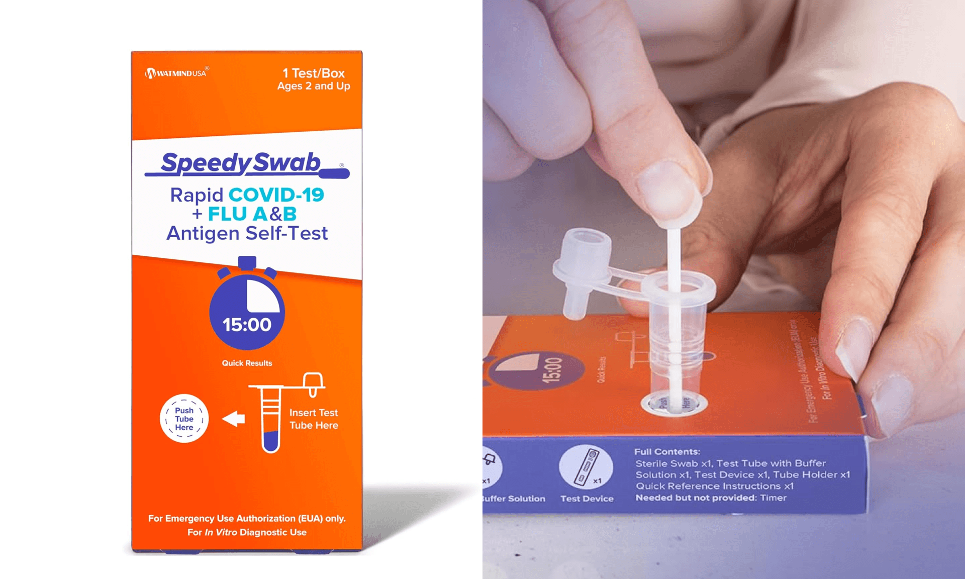 SpeedySwab COVID-19, Flu A&B 3-in-1 Antigen Rapid Test, Results in 15 Minutes, FDA Authorized, Reliable COVID Flu Test Combo, with Non-invasive Nasal Swab, Easy to Use (1 Pack, 1 Test Total)