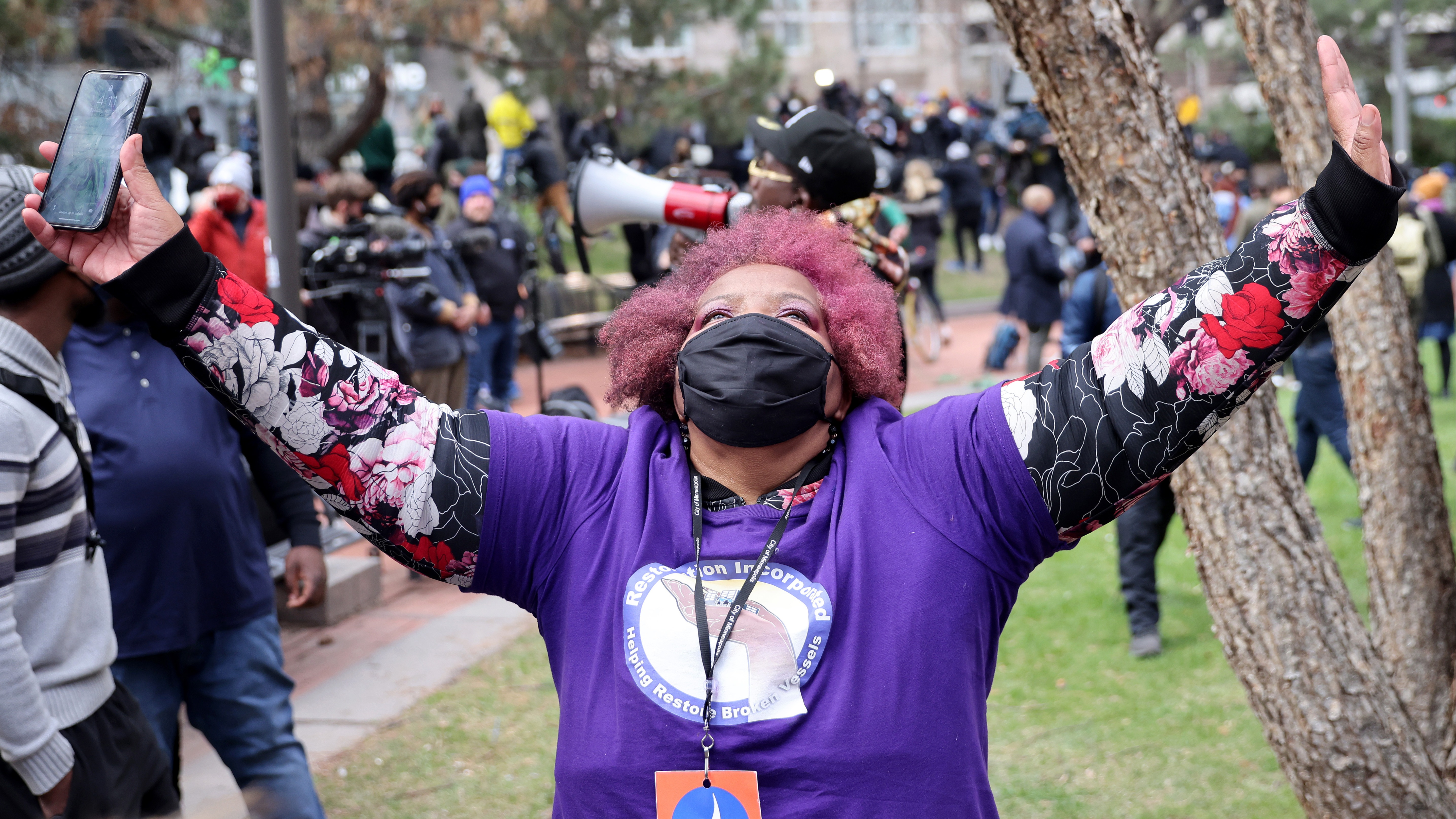 People react after the verdict in the Derek Chauvin trial April 20, 2021 In Minneapolis, Minnesota.
