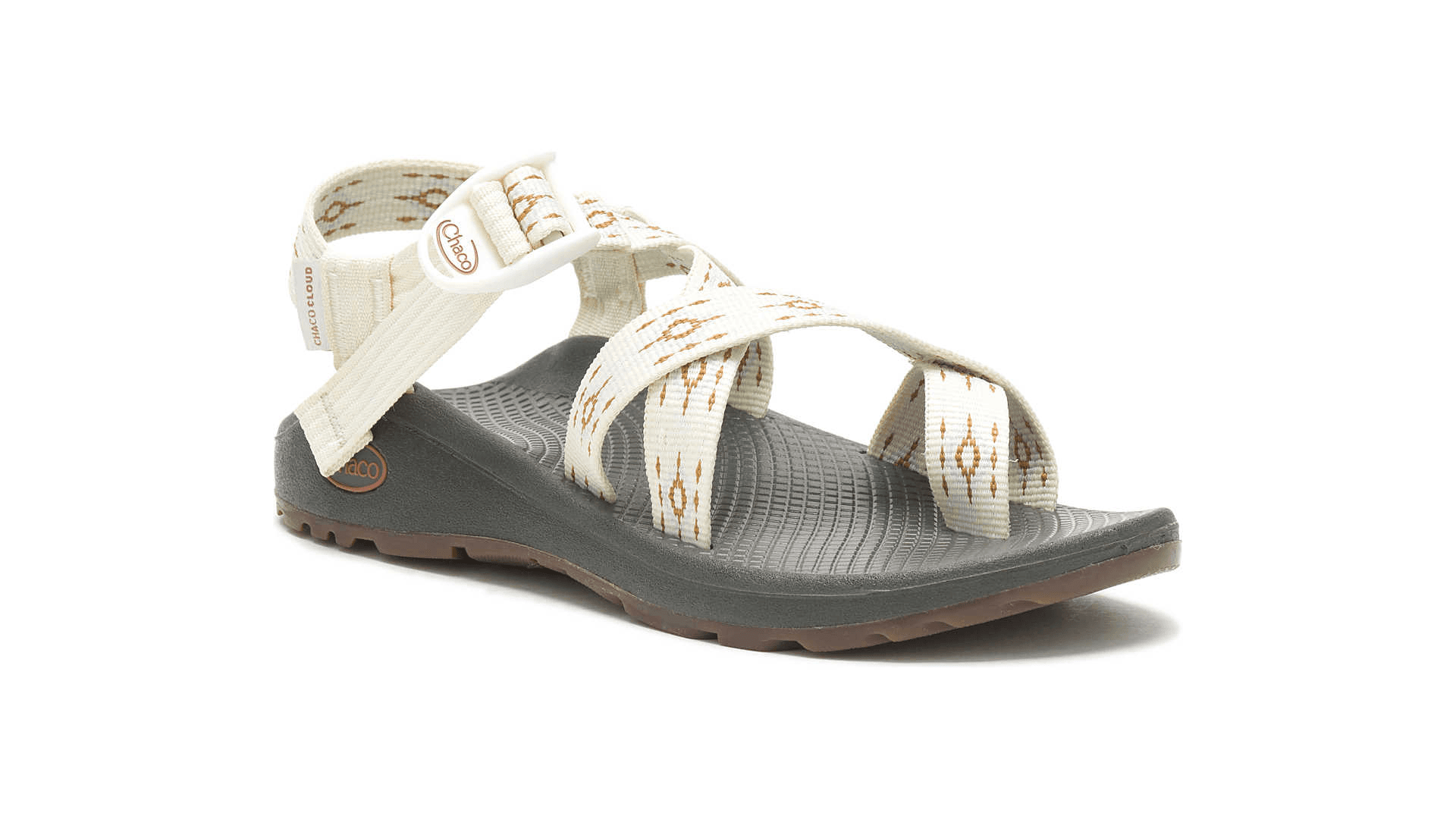 Sandal with black sole and white strap with red pattern