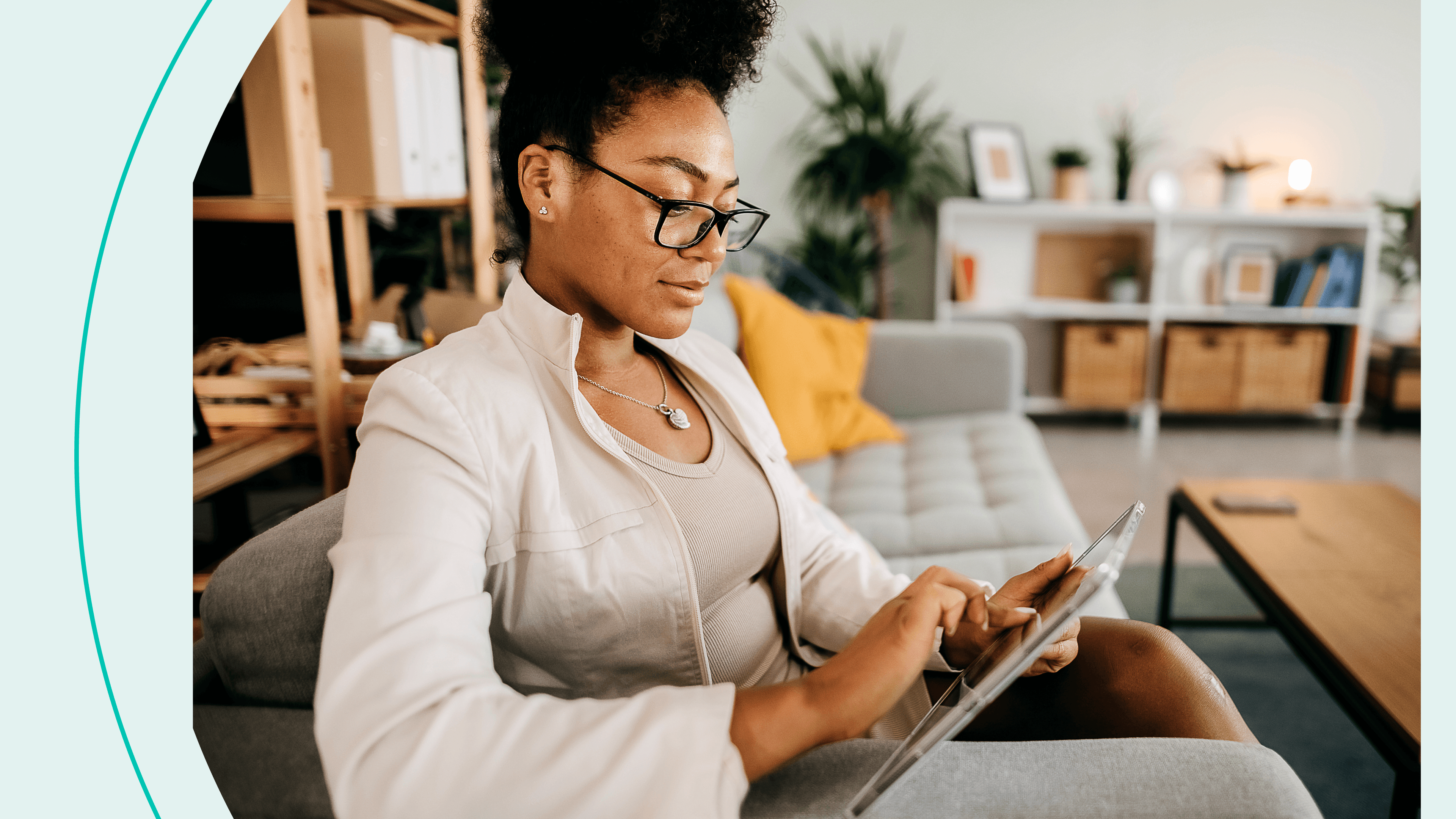 Woman works on mobile device