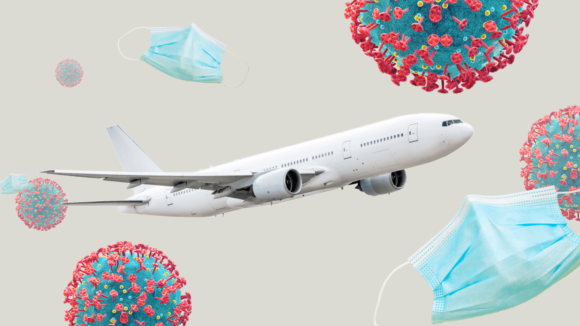 plane flying with masks and coronavirus cells around it