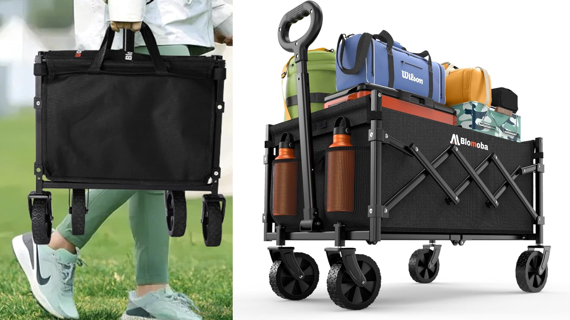 A portable and foldable wagon.