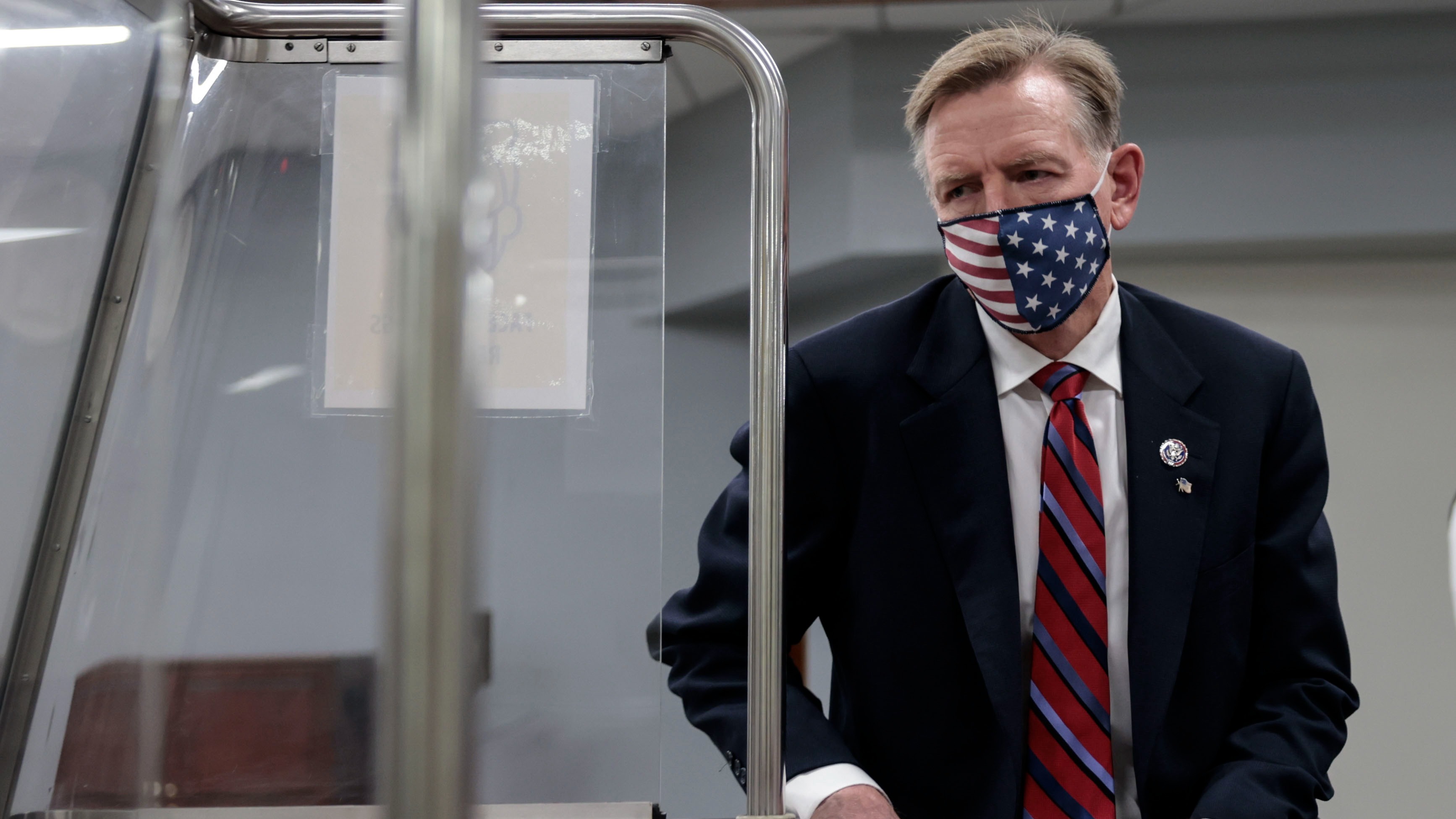 Rep. Paul Gosar (R-AZ) walks on to a subway to the U.S. Capitol Building
