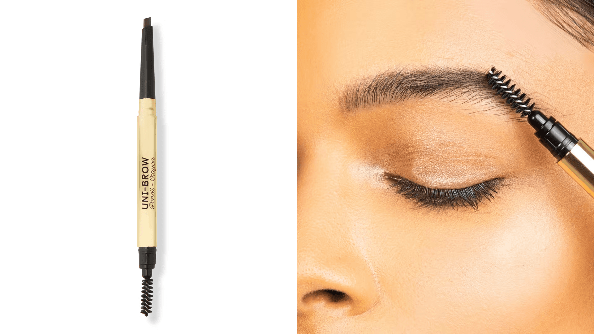 Eyebrow pencil with gold base; woman applying eyebrow pencil