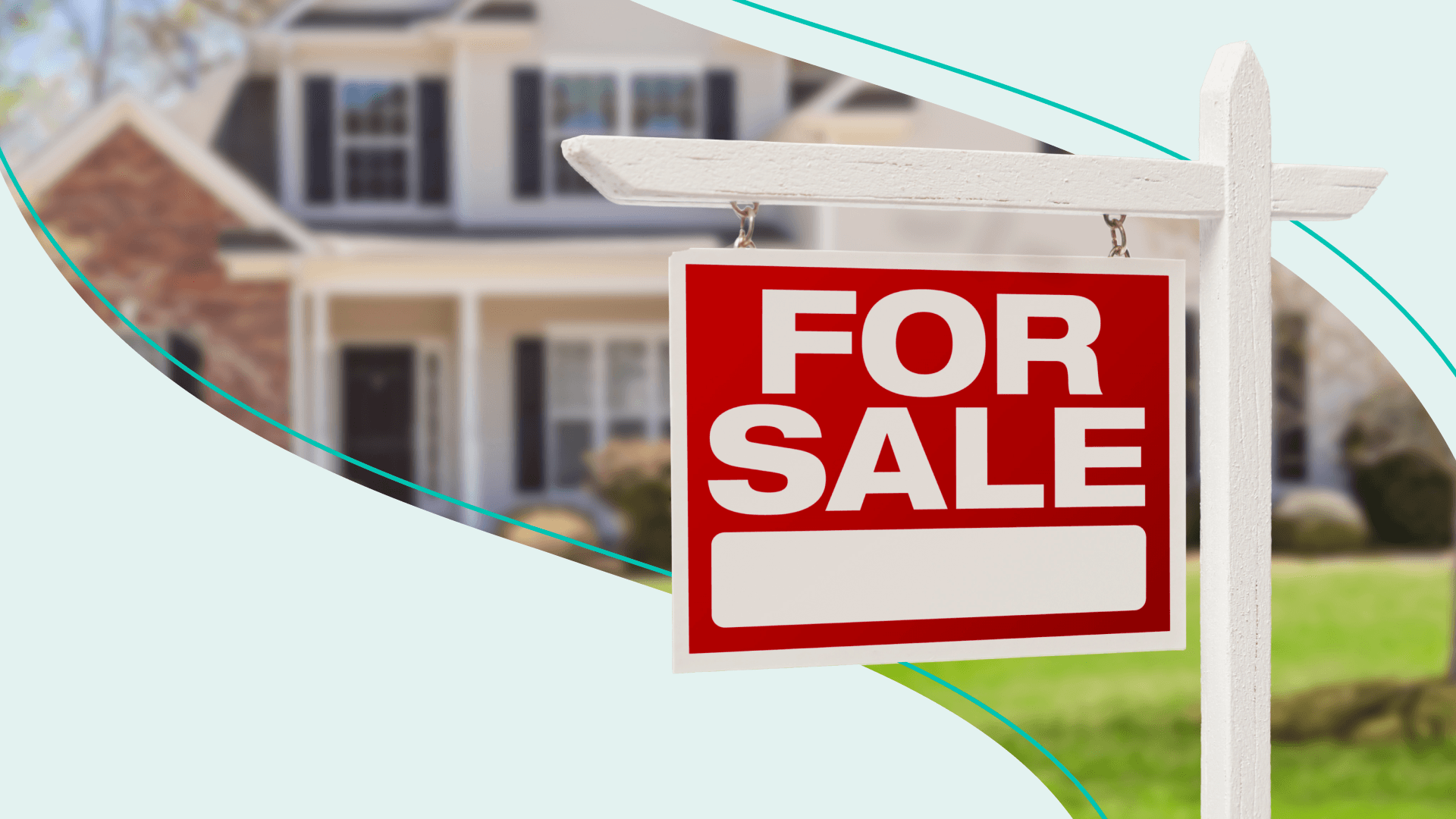 Skimm-treated image of a home and yard with a "For Sale' sign