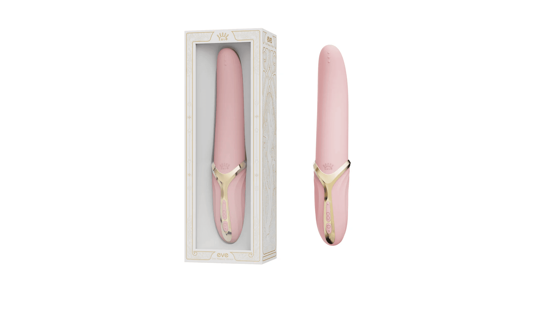 Pink vibrator with gold accents shown in box and standalone