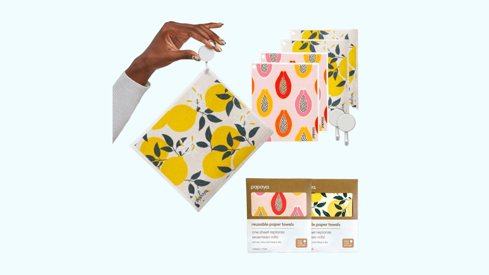 Papaya Reusable Paper Towels 4-Pack - 4 Sheets + 2 Hooks, Quick Drying, No Odor, 1 Sheet Replaces 17 Rolls, Washable Kitchen Cloth, Sustainable Dish Sponge, Eco Friendly Gift (Fruit Salad)