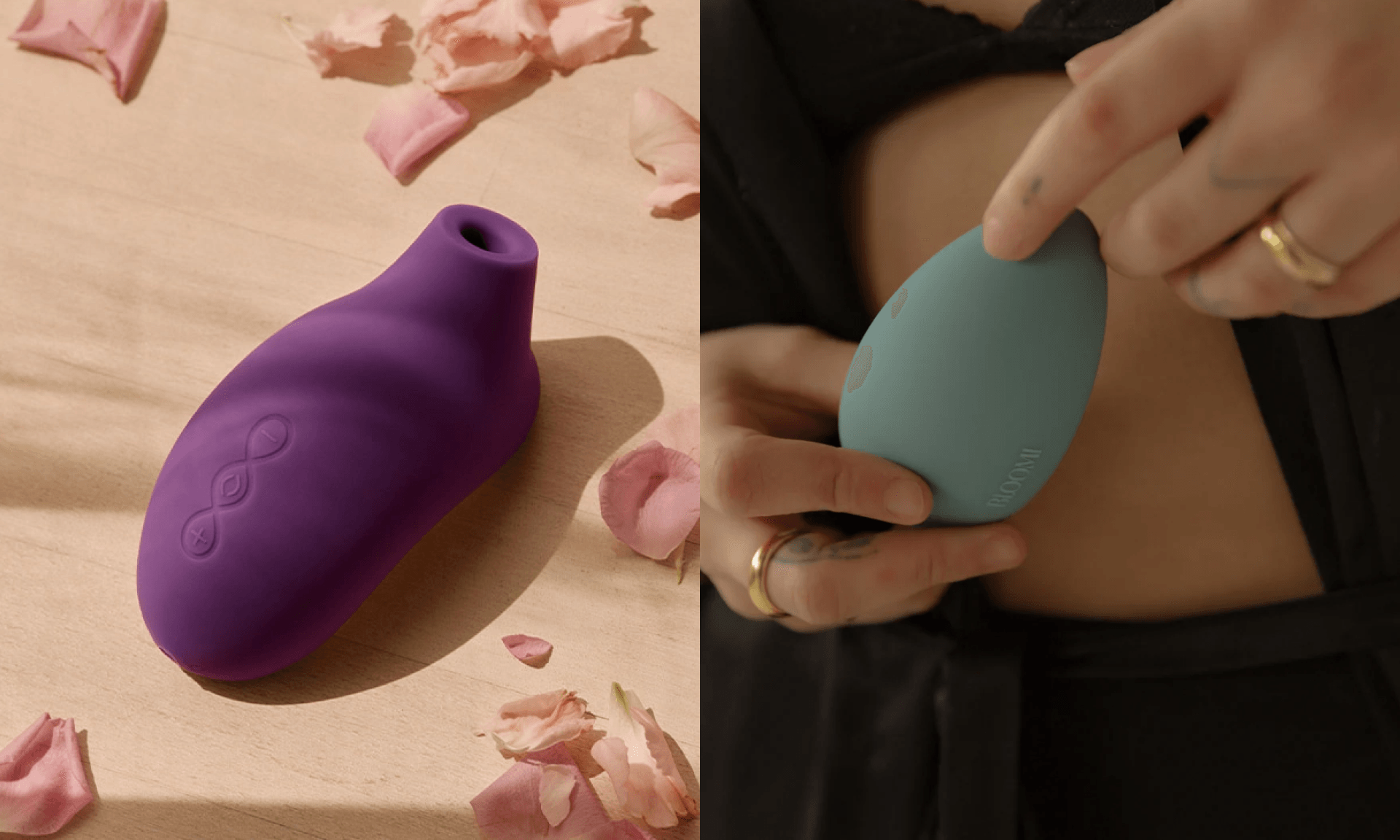 Purple vibrator on table with rose petals; woman holding teal pebble-shaped vibrator