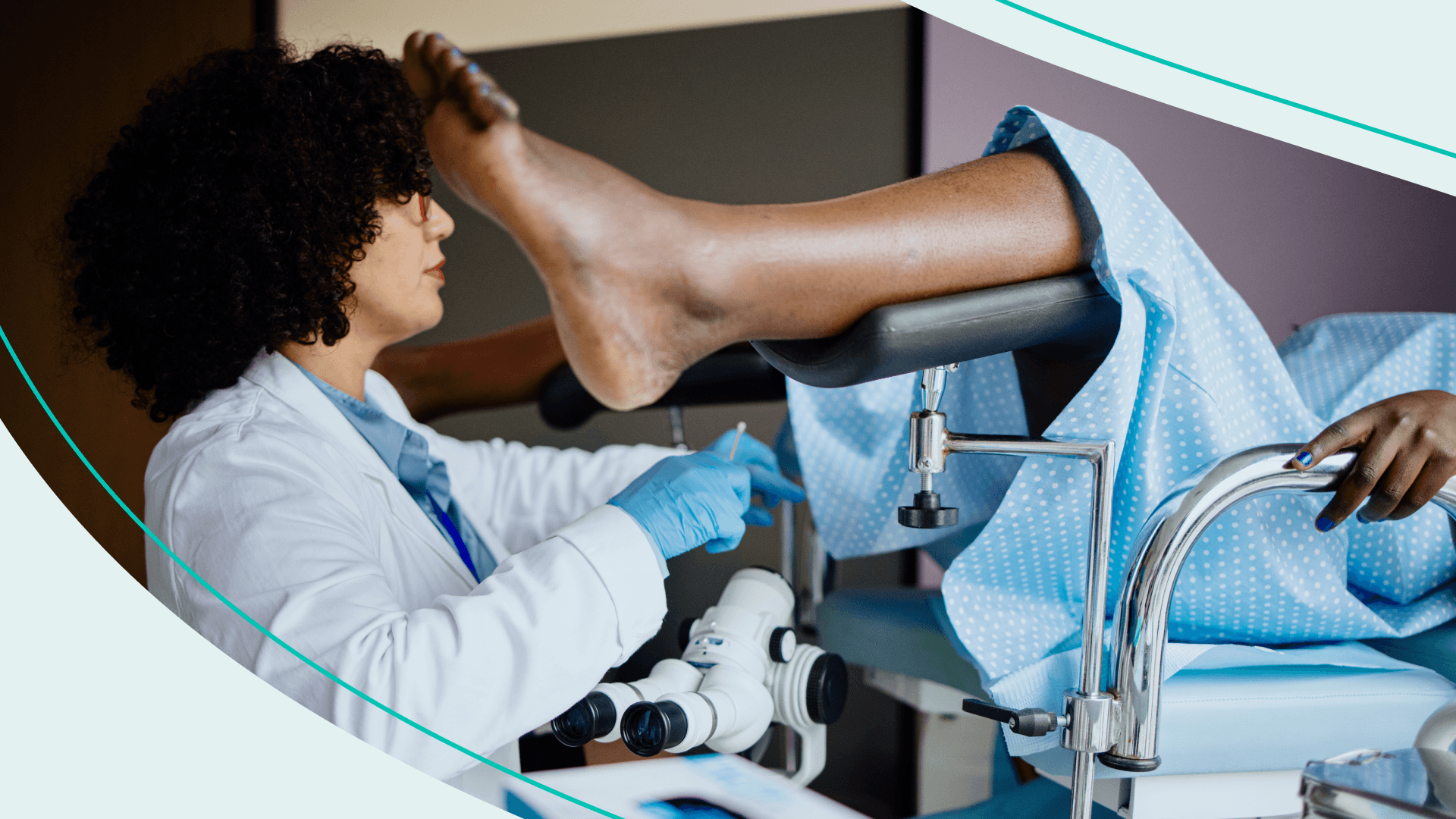 A woman with her feet in stirrups at a doctor's office