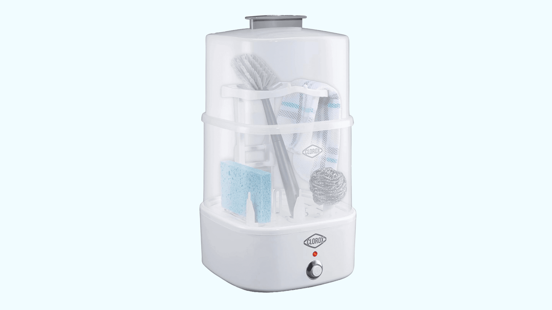 Clorox 2-Tier Electric Steam Sanitizer for Kitchen Utensils, Cleaning Sponges, Bathroom Accessories, Brushes & More, Kills 99.999% of Bacteria, Easy to Use, Compact Design, Space-Saving Storage, White