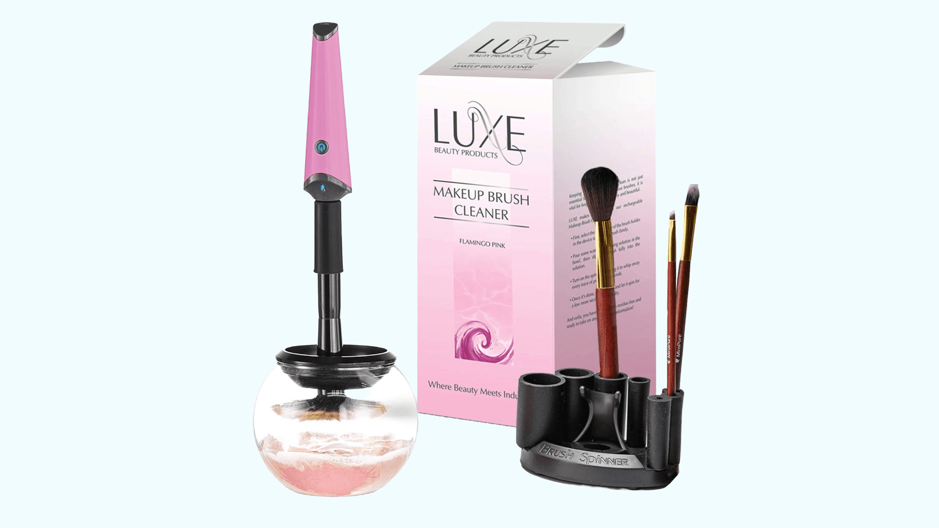 Luxe Electric Makeup Brush Cleaner, Pink, USB Charging Station, 3 Adjustable Speeds, Cleaner to Instantly Wash and Dry Your Makeup Brushes