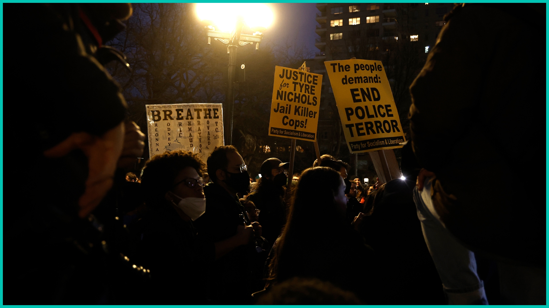 Demonstrators gather in Washington Square Park to protest the death of Tyre Nichols on January 28, 2023 in New York City.