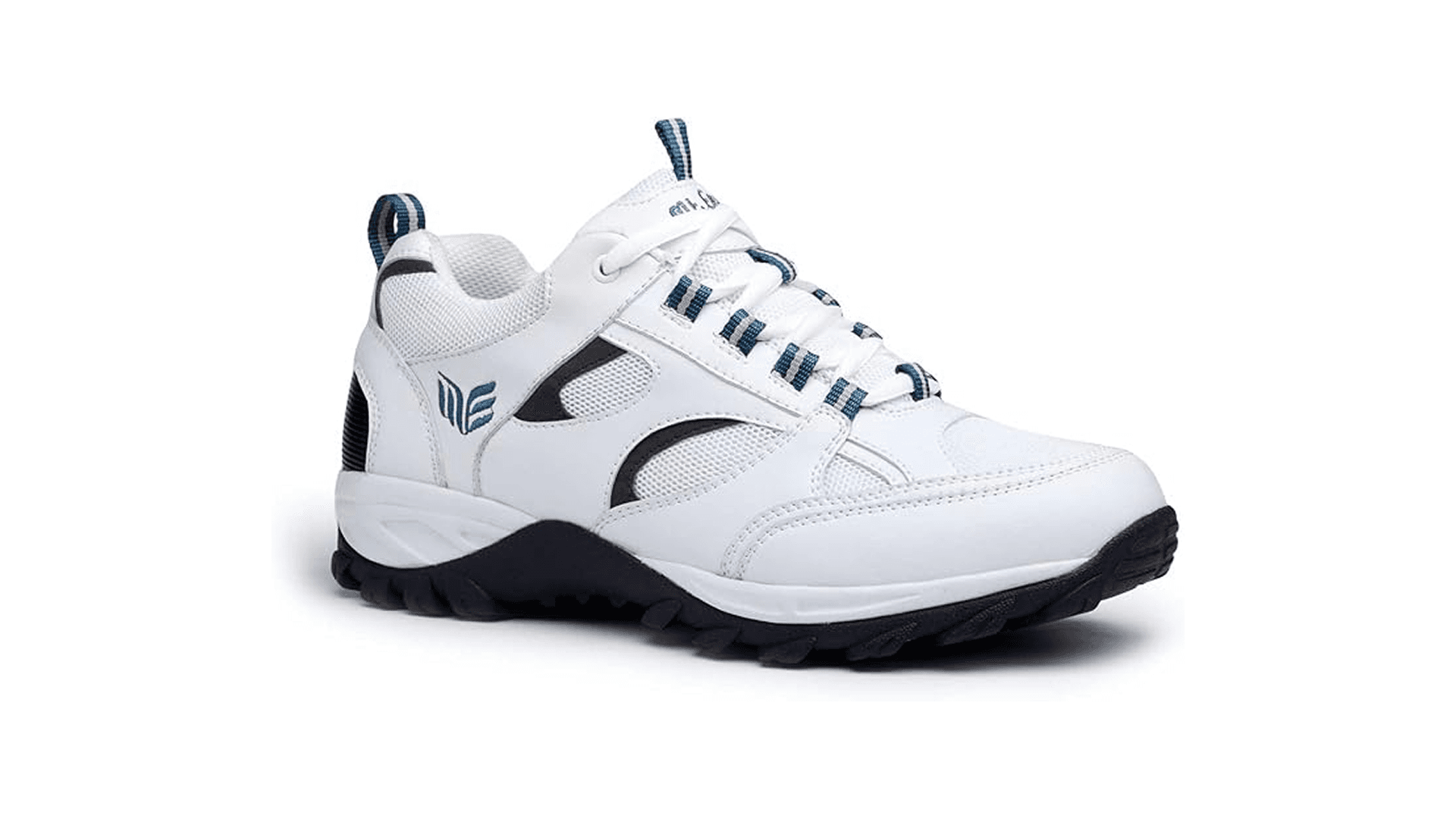 White sneaker with blue and black