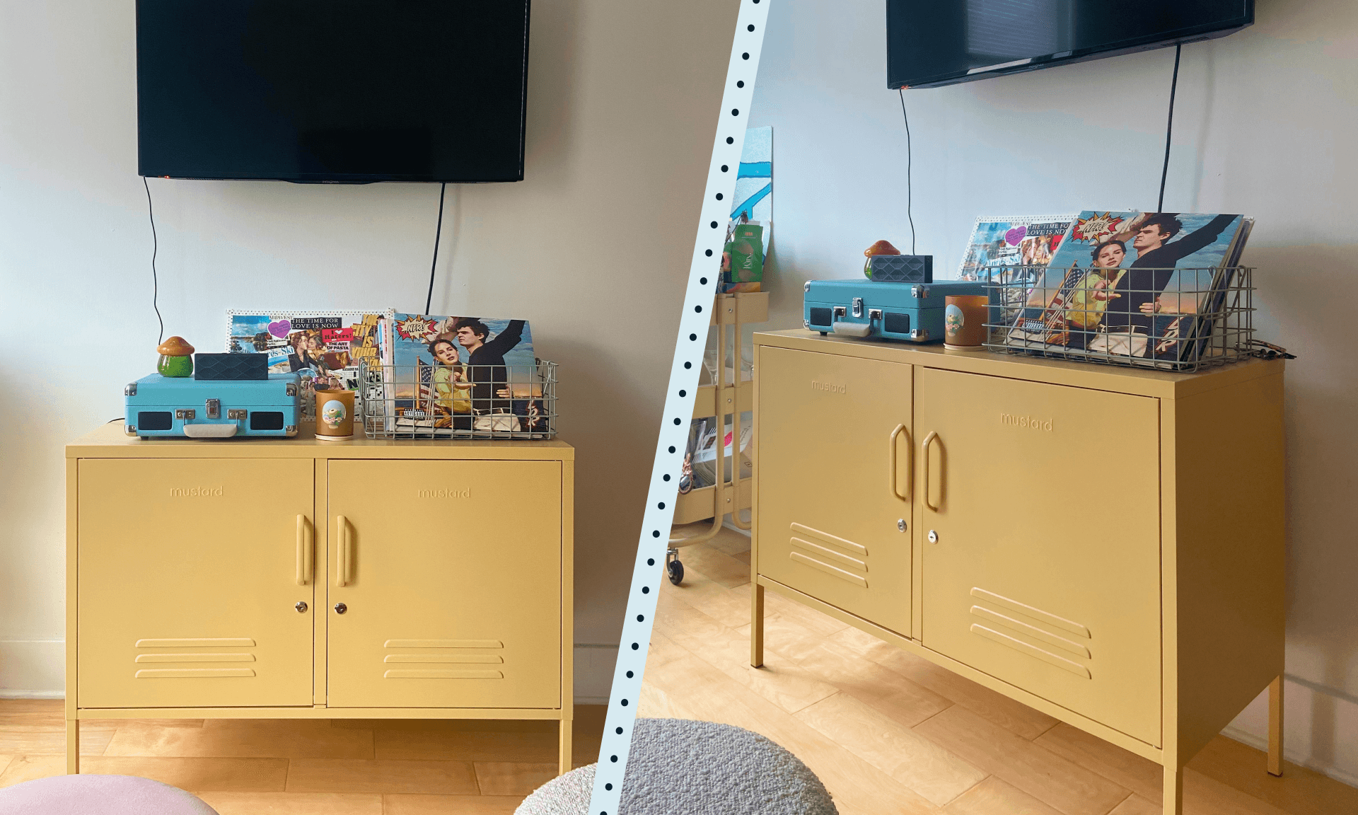 review of mustard's media console in butter color