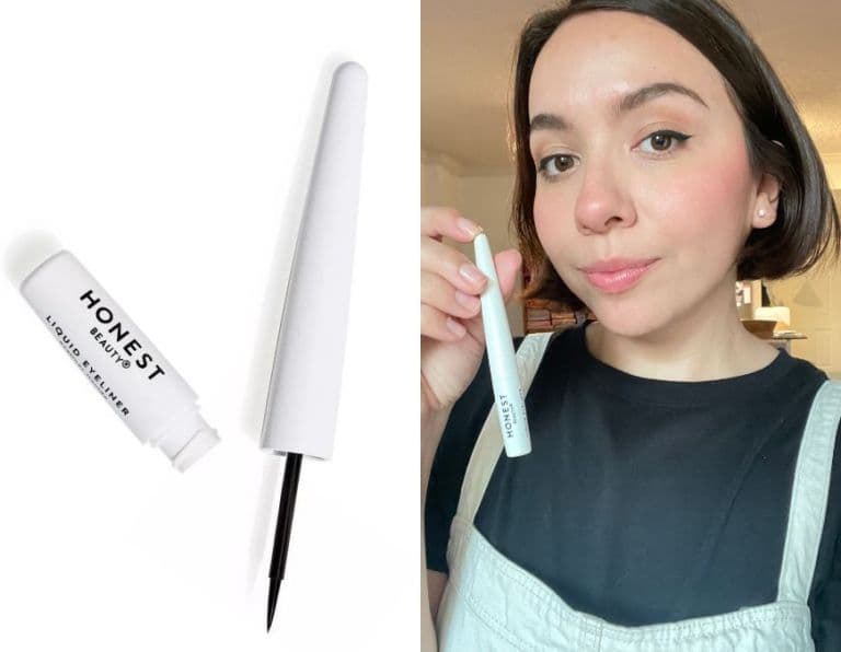 honest beauty liquid eyeliner on one side and alexa wearing the eyeliner on the other side