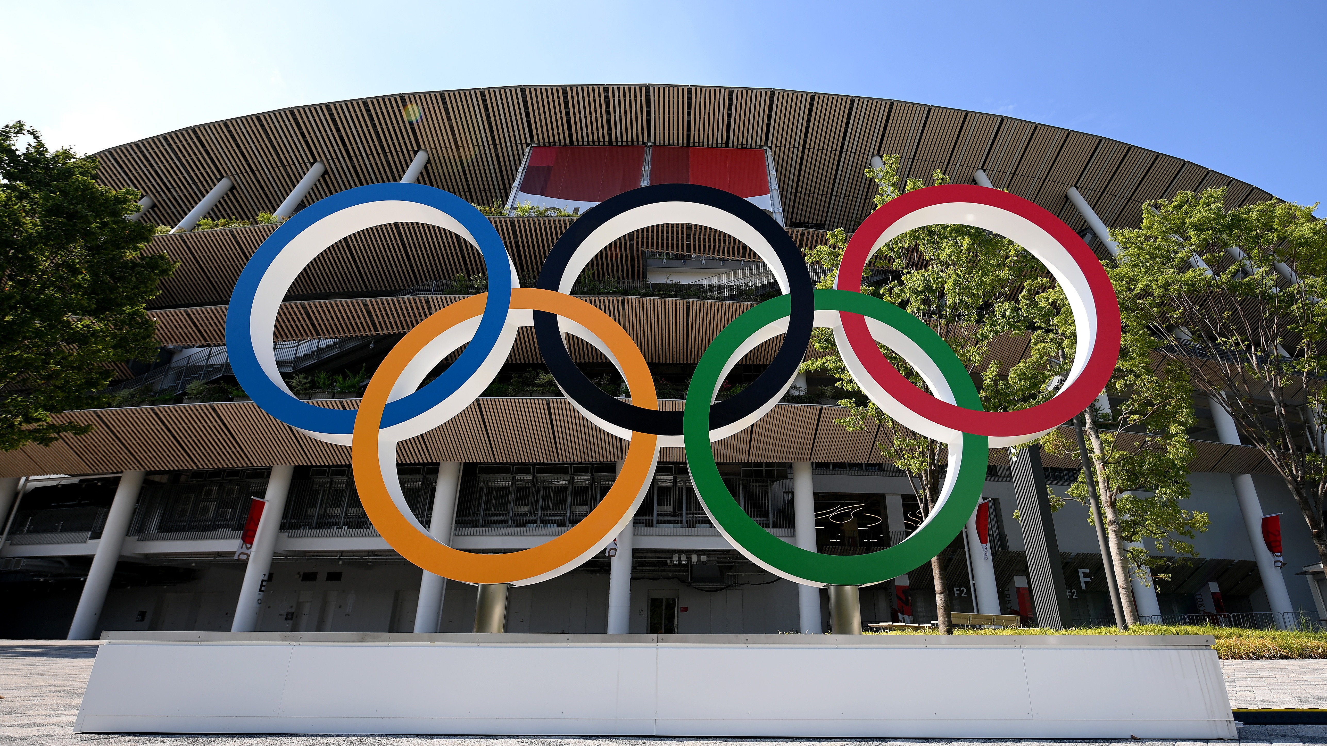The Olympic rings outside of the stadium prior to the Opening Ceremony