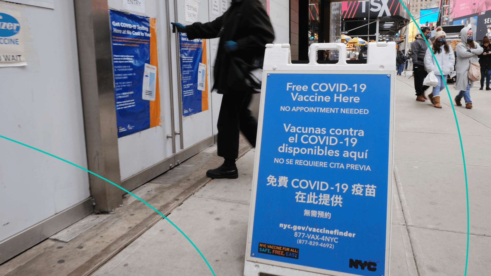 A COVID-19 vaccination pop-up site stands in Times Square