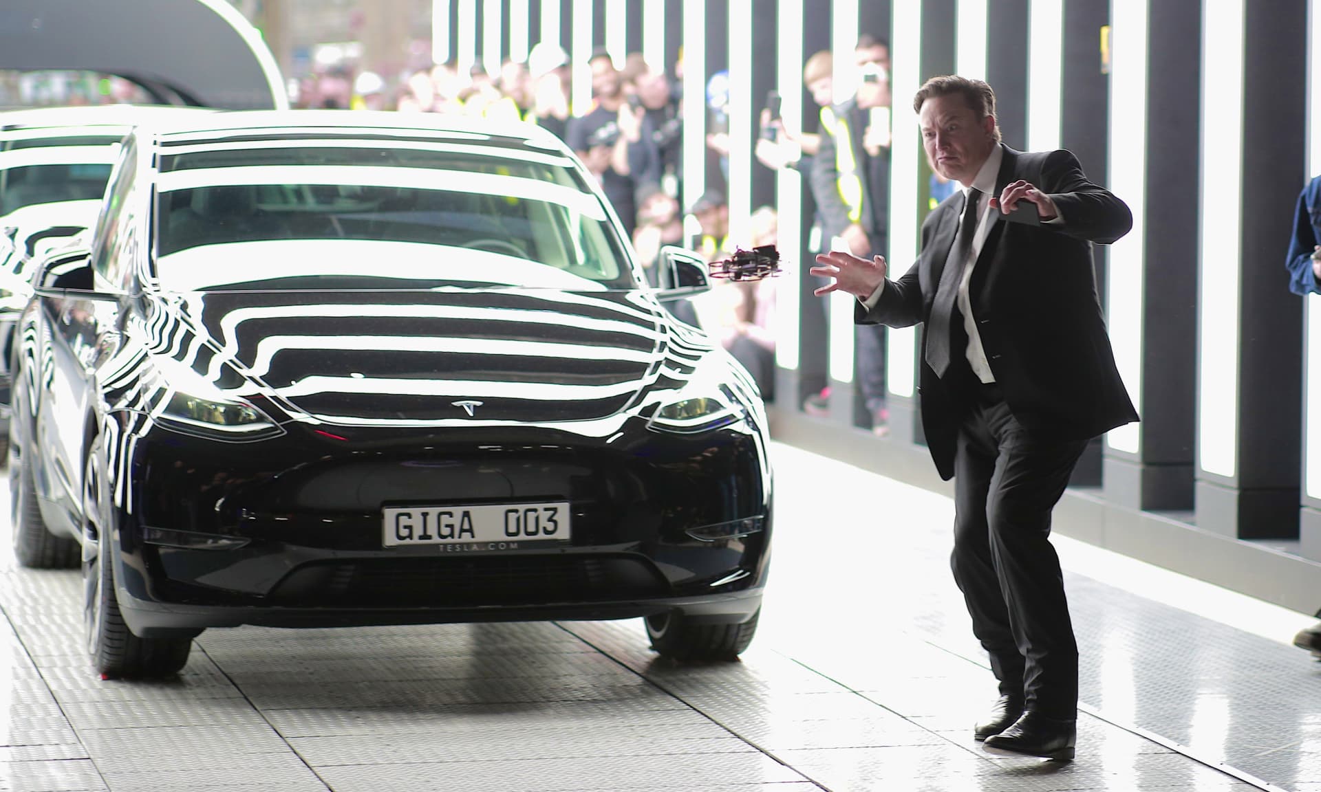 Tesla CEO Elon Musk attends the official opening of the new Tesla electric car manufacturing plant on March 22, 2022 near Gruenheide, Germany.