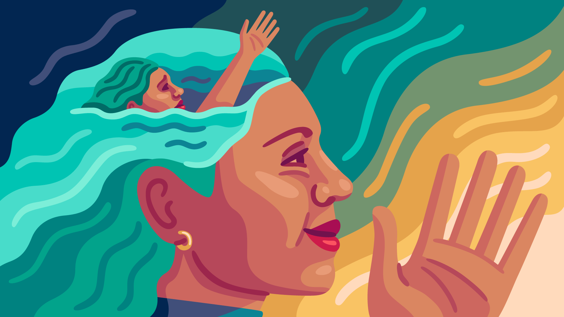 Illustration of a woman with blue hair and another woman in her hair