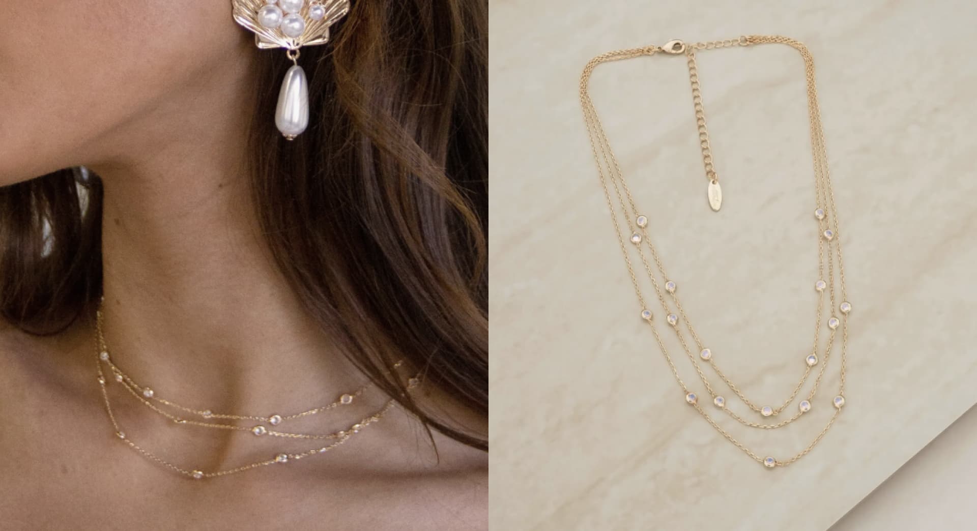 A layered crystal gold necklace.