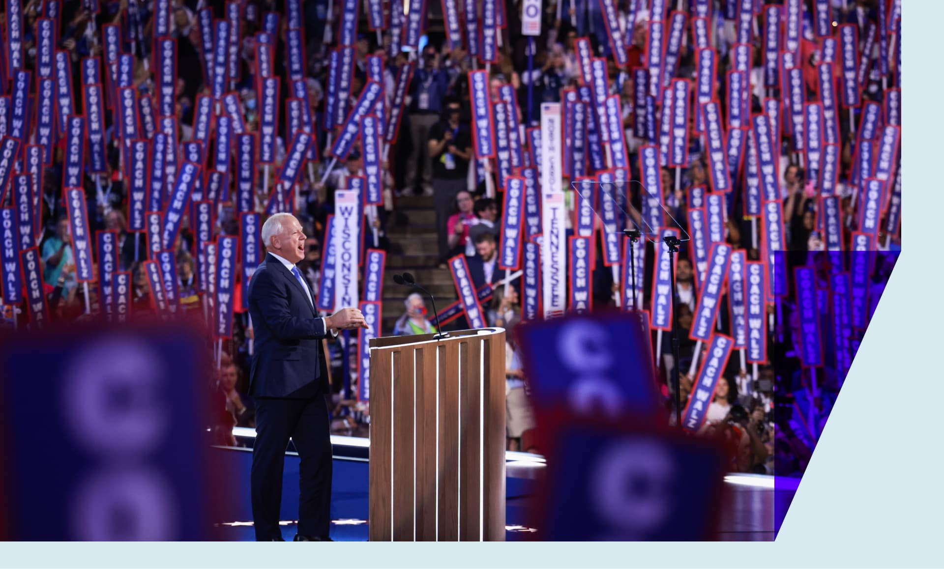 Democratic vice presidential candidate Minnesota Gov. Tim Walz arrives to speak on stage during the third day of the Democratic National Convention at the United Center on August 21, 2024 in Chicago, Illinois