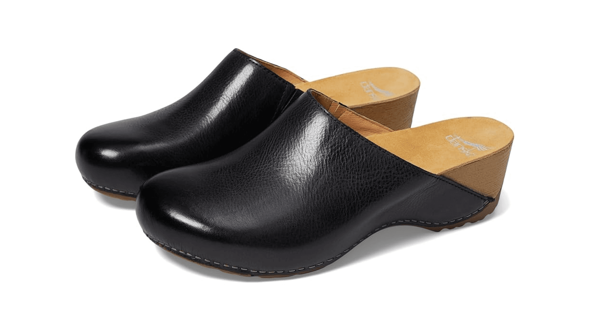 Black heeled mule with tan footbed