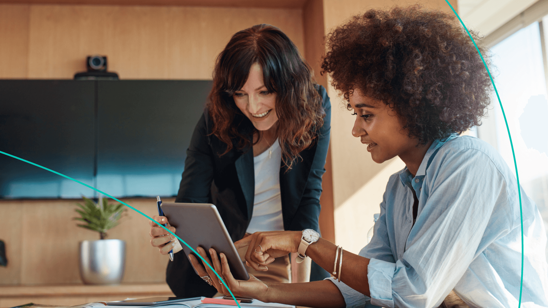 women discussing work