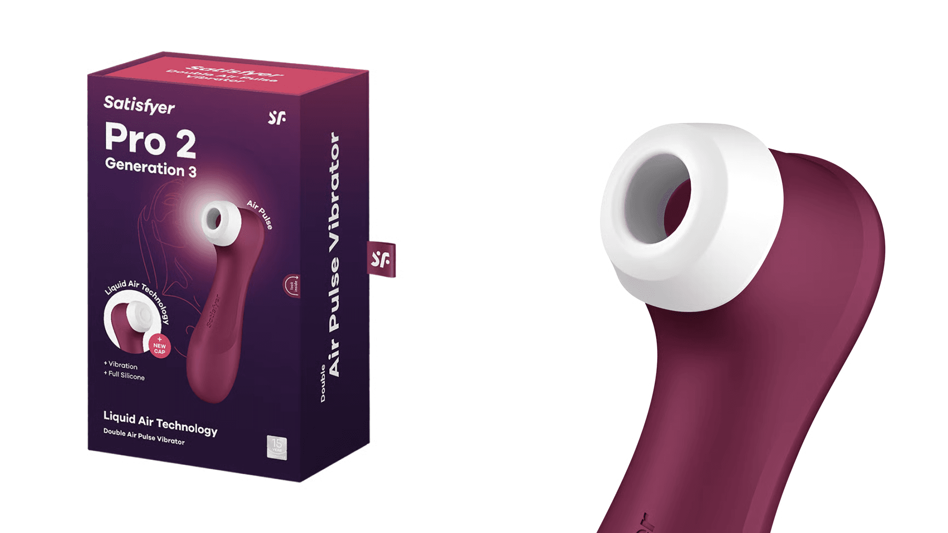 Metallic aubergine vibrator with white circular tip shown close-up and next to its box