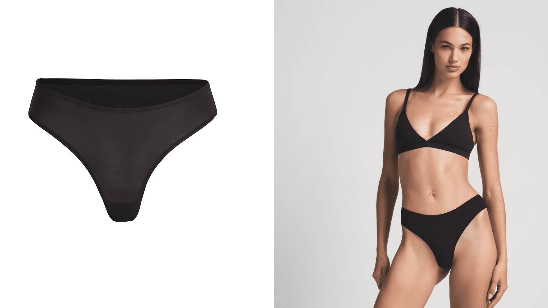 Black thong underwear; woman in black thong underwear set