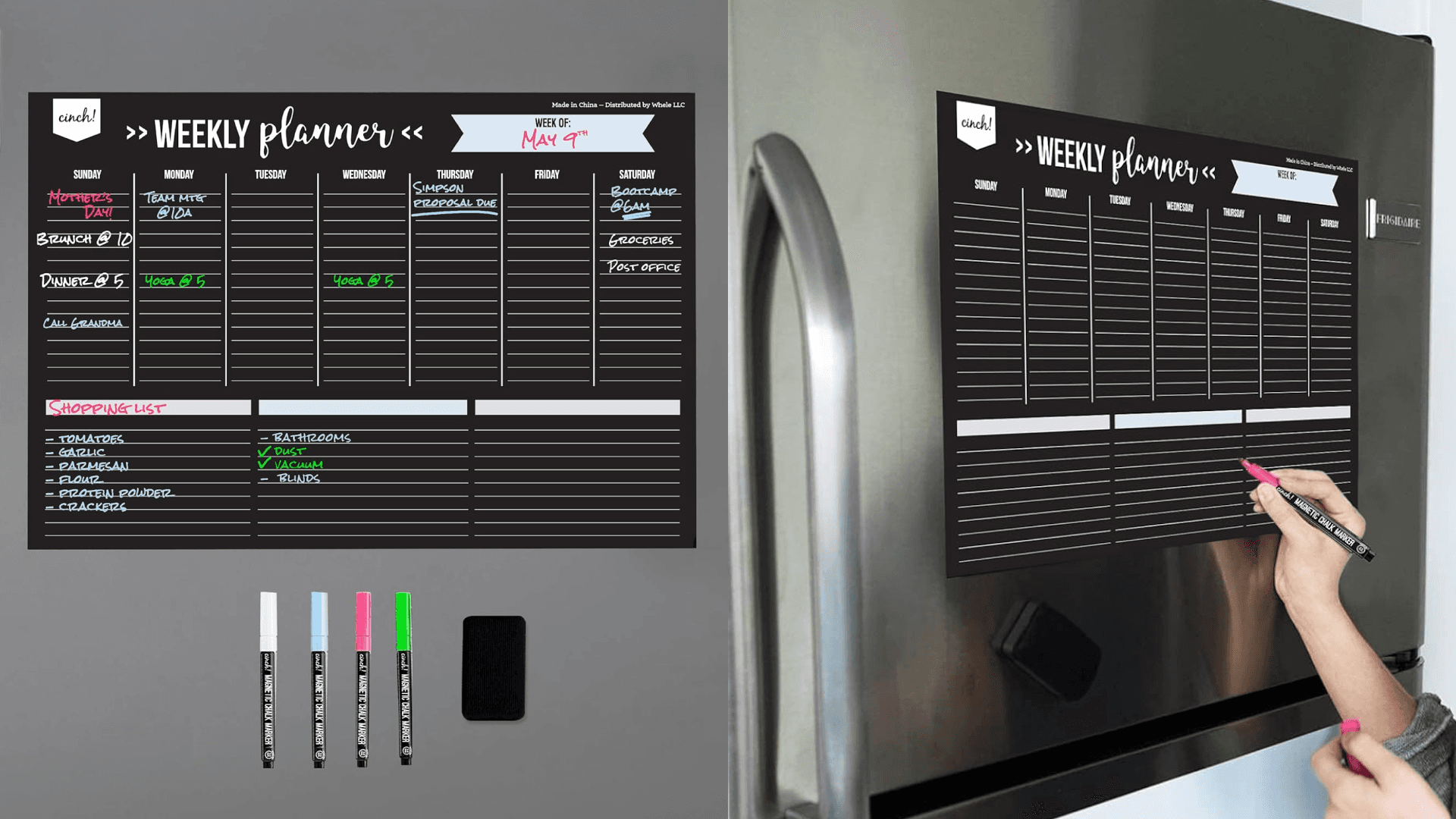 Cinch! 17x12-Inch Magnetic Dry Erase Weekly Planner for Fridge - Black Weekly Calendar Board with 4 Fine Tip Markers and Large Eraser - Magnetic Fridge Organizer, Meal Planning, and Dry Erase Board