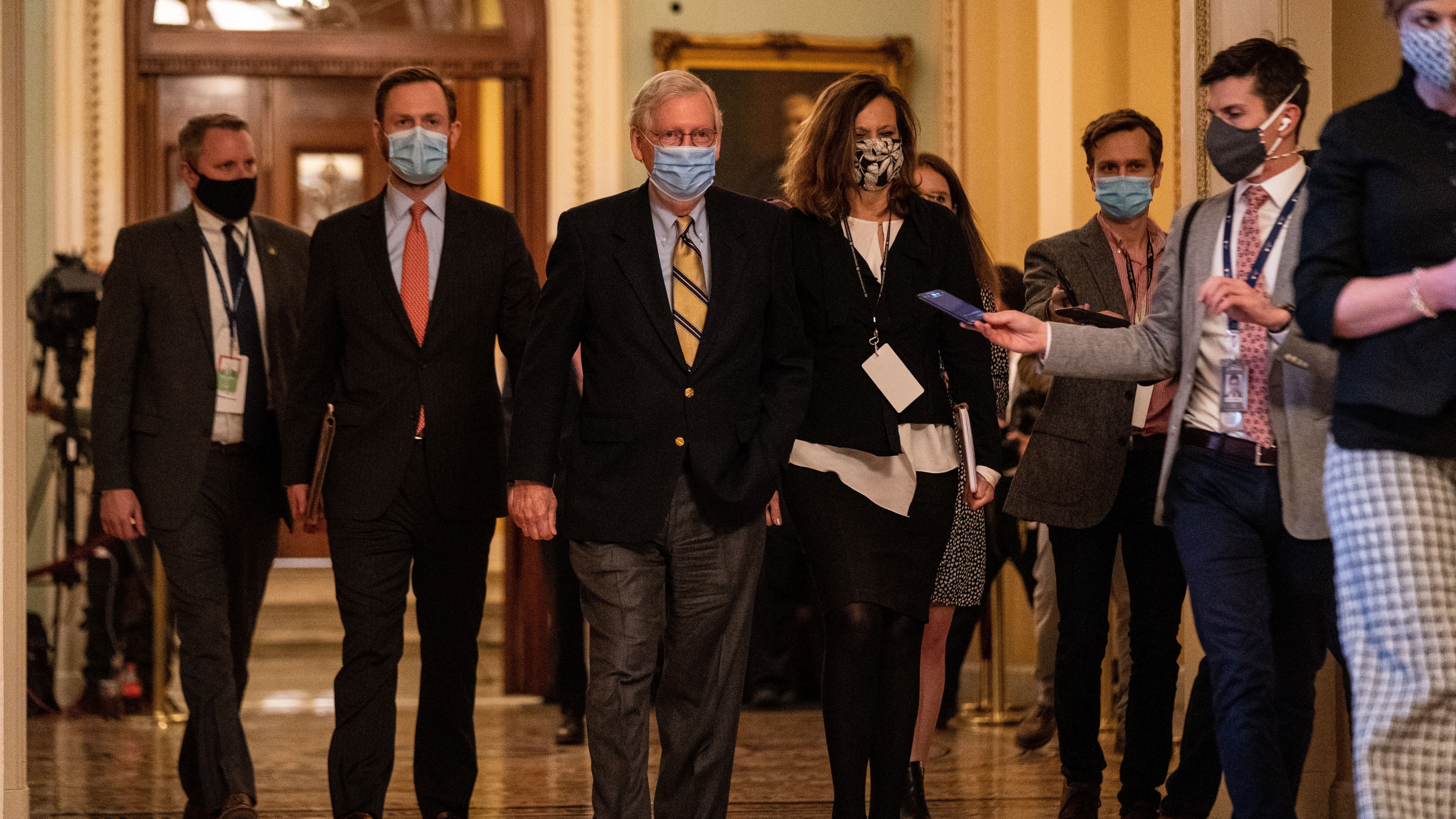 Senate Minority Leader Mitch McConnell (R-KY) walks to his office in the U.S. Capitol Building on Saturday, Feb. 13, 2021 in Washington, DC