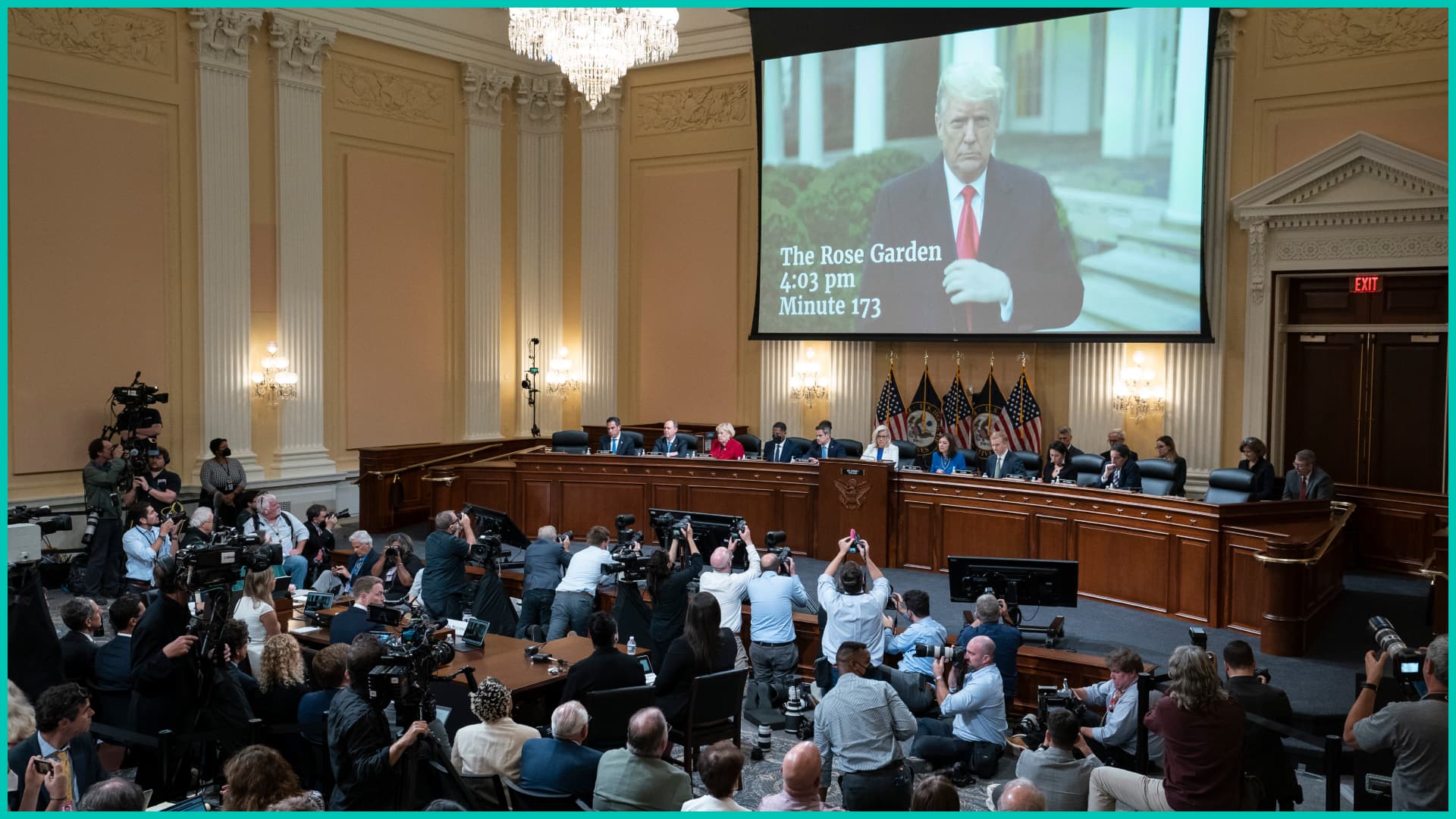 A video of President Donald Trump is shown on screen before the House Select Committee to Investigate the January 6th Attack on the U.S. Capitol in the Cannon House Office Building on July 21, 2022 in Washington, DC.