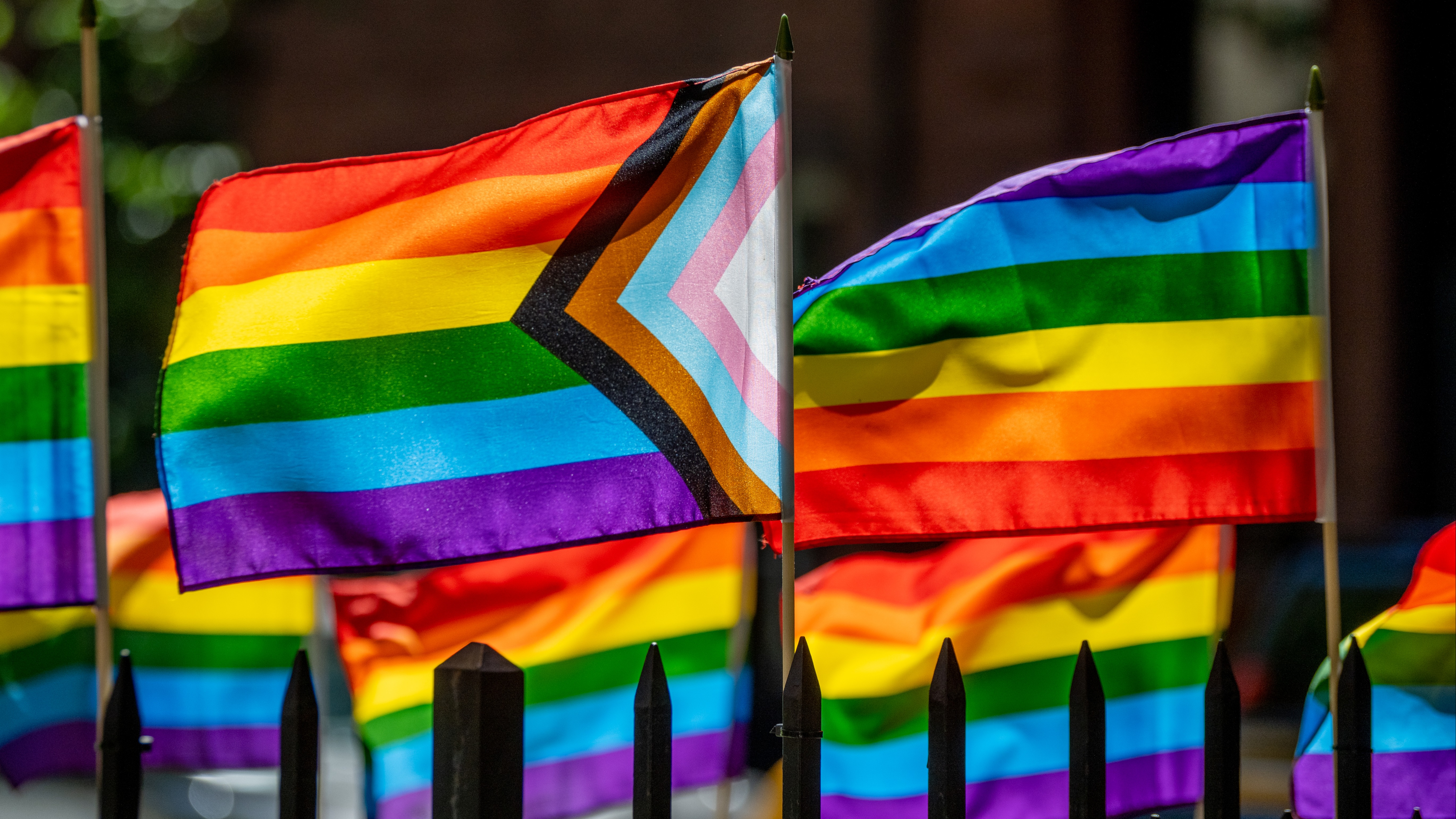 The Stonewall Monument is decorated with pride flags the Stonewall Inn protests
