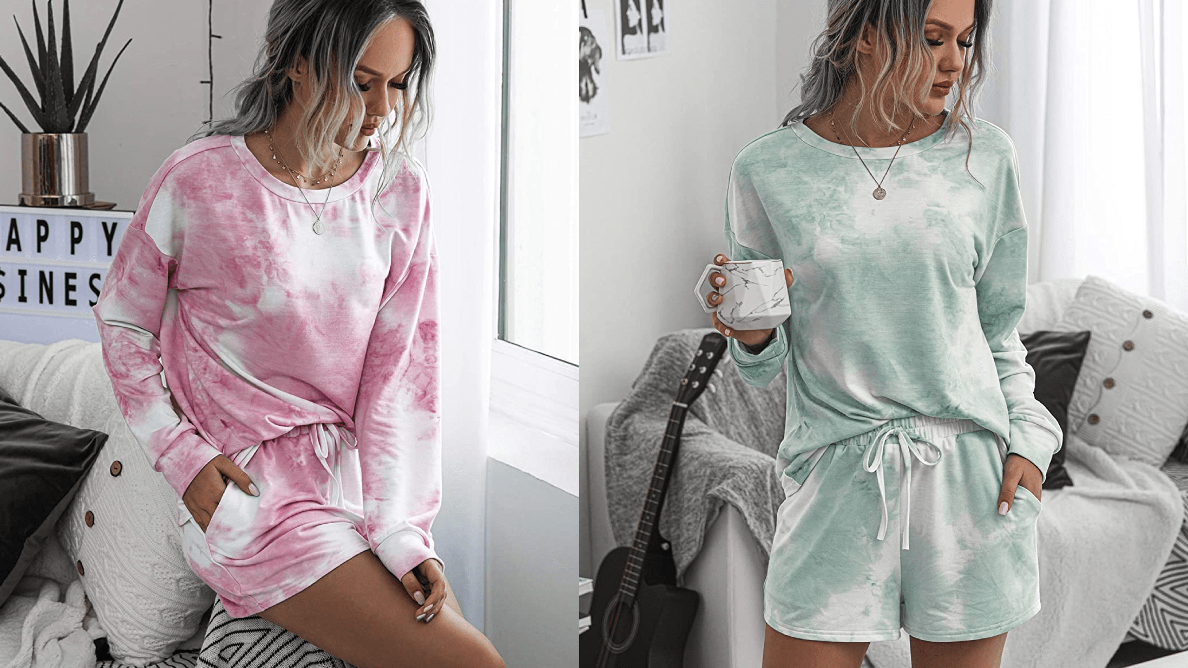 tie dye shorts and sweatshirt