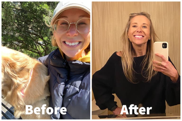 White woman outside with dog in "before" image; white woman taking mirror selfie in "after" image