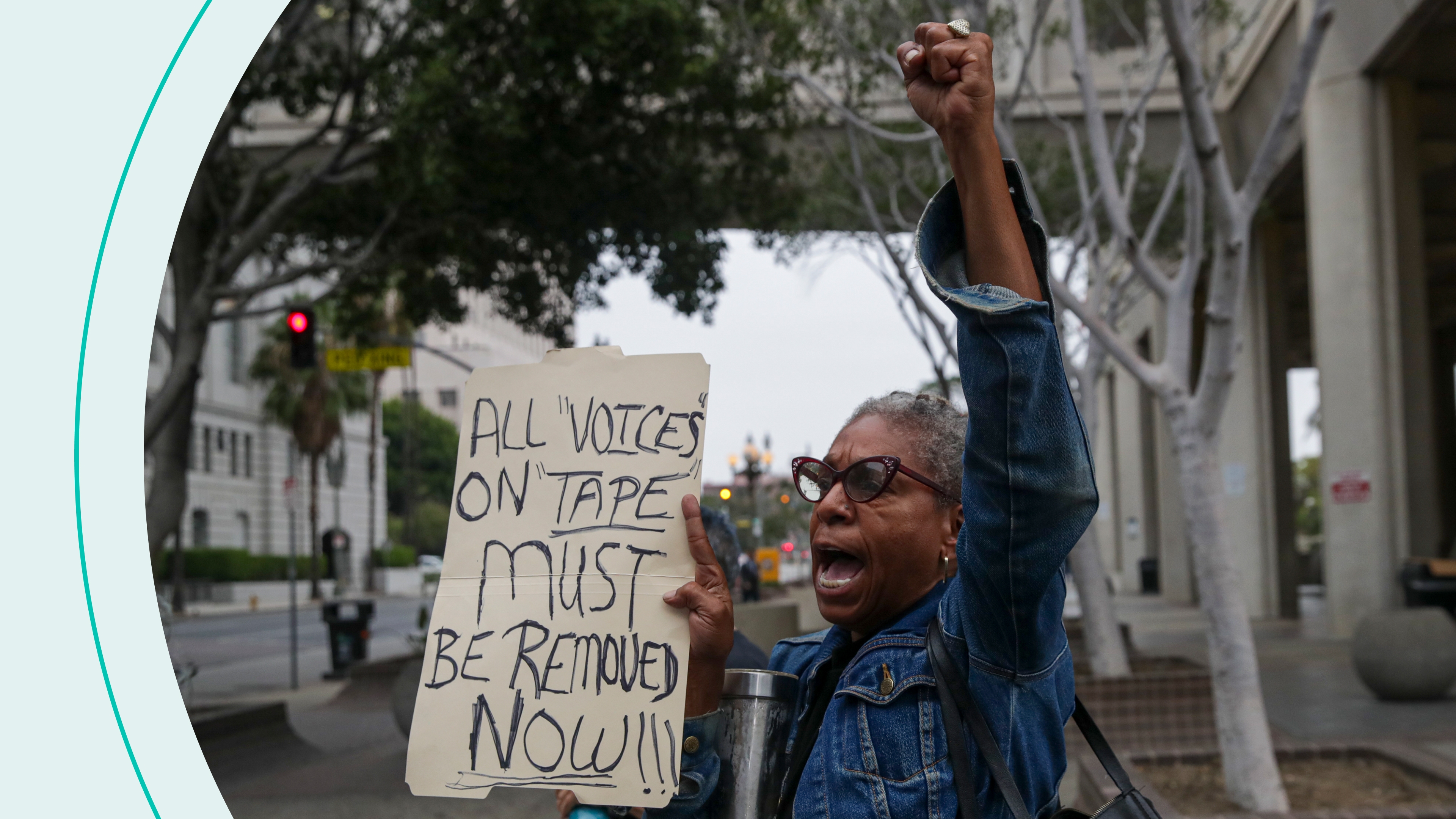 Veronica Sance rallies outside City Hall on Tuesday, Oct. 11, 2022 in Los Angeles, CA