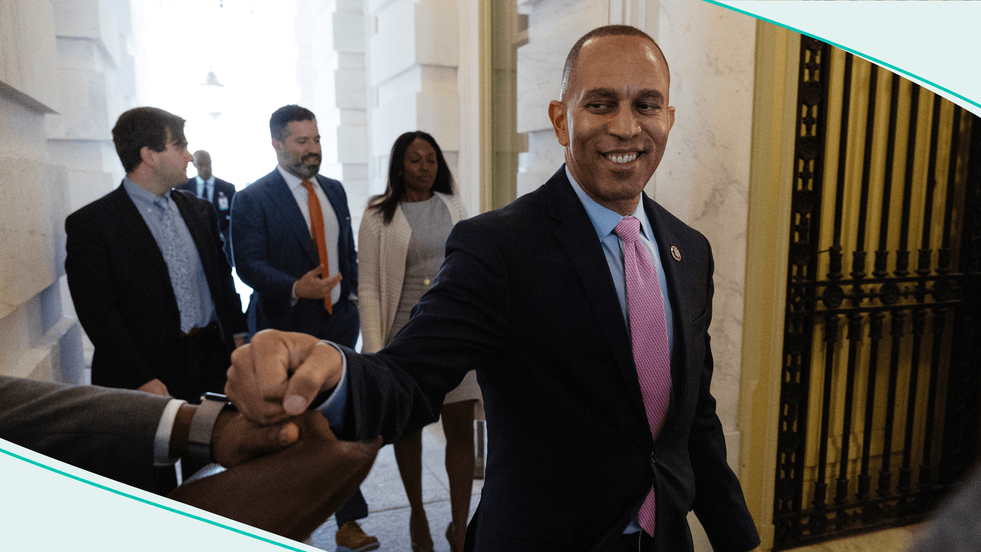 (L-R) Rep. Pete Aguilar (D-CA), Rep. Katherine Clark (D-MA) and Rep. Hakeem Jeffries (D-NY) at a news conference after they were elected by the House Democratic caucus into leadership