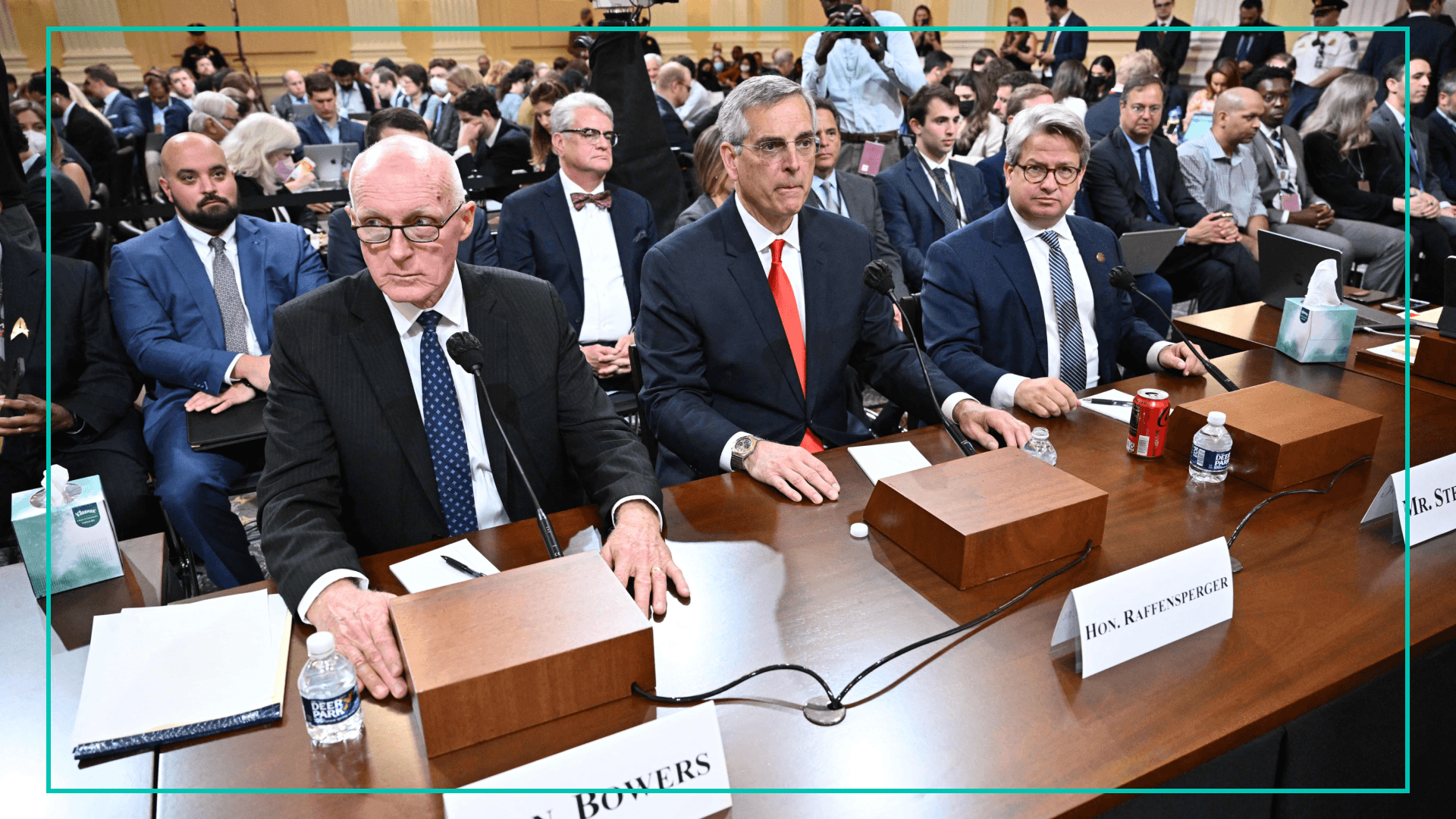 Arizona state House speaker Rusty Bowers (L), Georgia Secretary of State Brad Raffensperger (C) and Gabriel Sterling, Georgia Secretary of State Chief Operating Officer