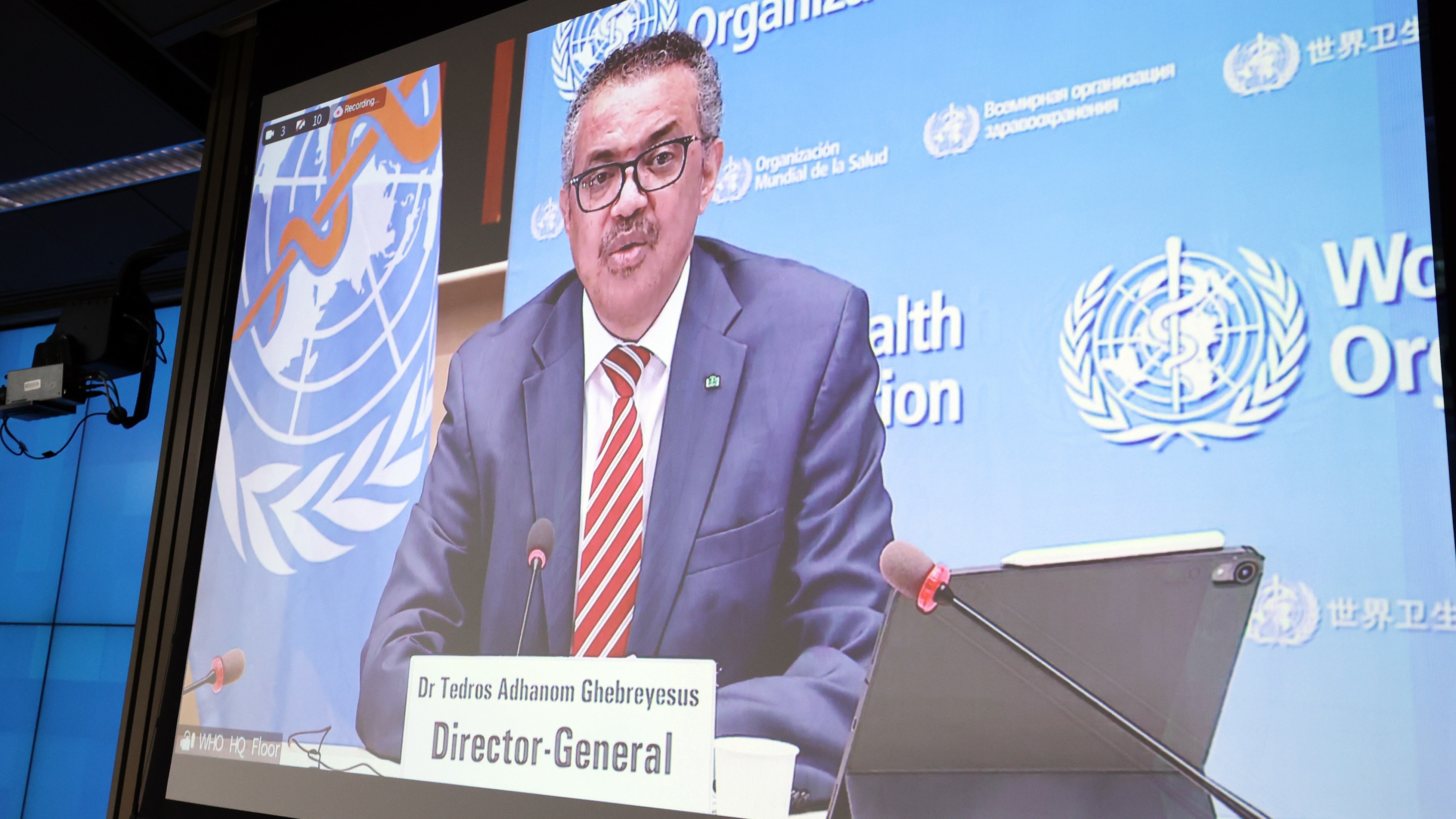 Director general of the World Health Organization Tedros Adhanom Ghebreyesus and President of the European Council Charles Michel.
