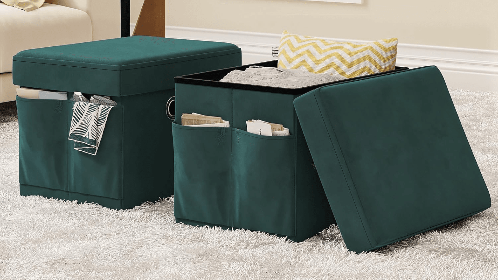 YITAHOME Velvet Storage Cube Ottomans, Folding Multipurpose Organizer for Bedroom, Living Room, Dorm or RV (Set of 2, Green)